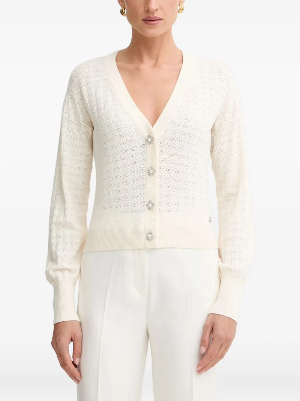 flower-button pointelle-knit cardigan - 1