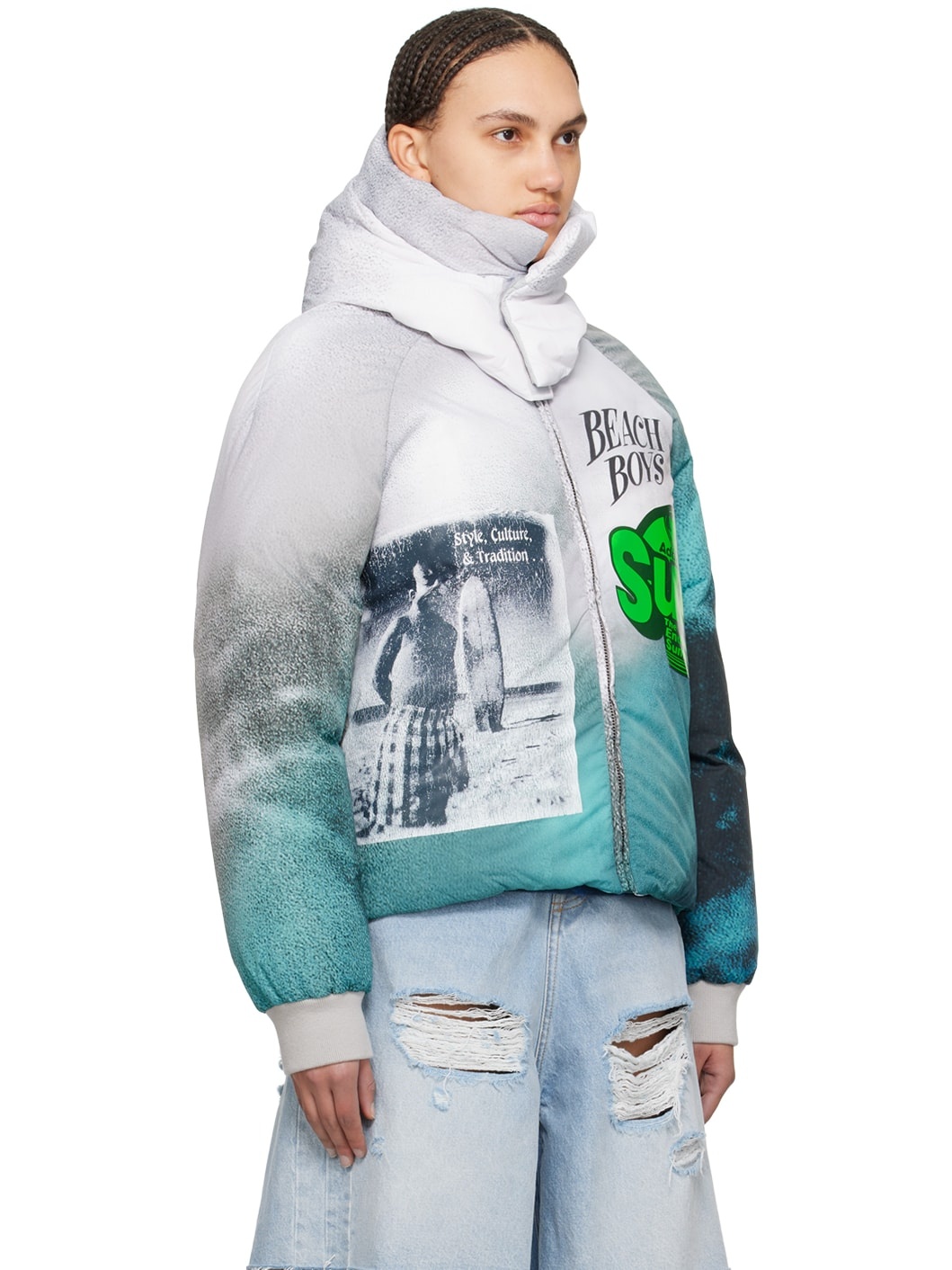 Blue & Gray Printed Puffer Jacket - 2