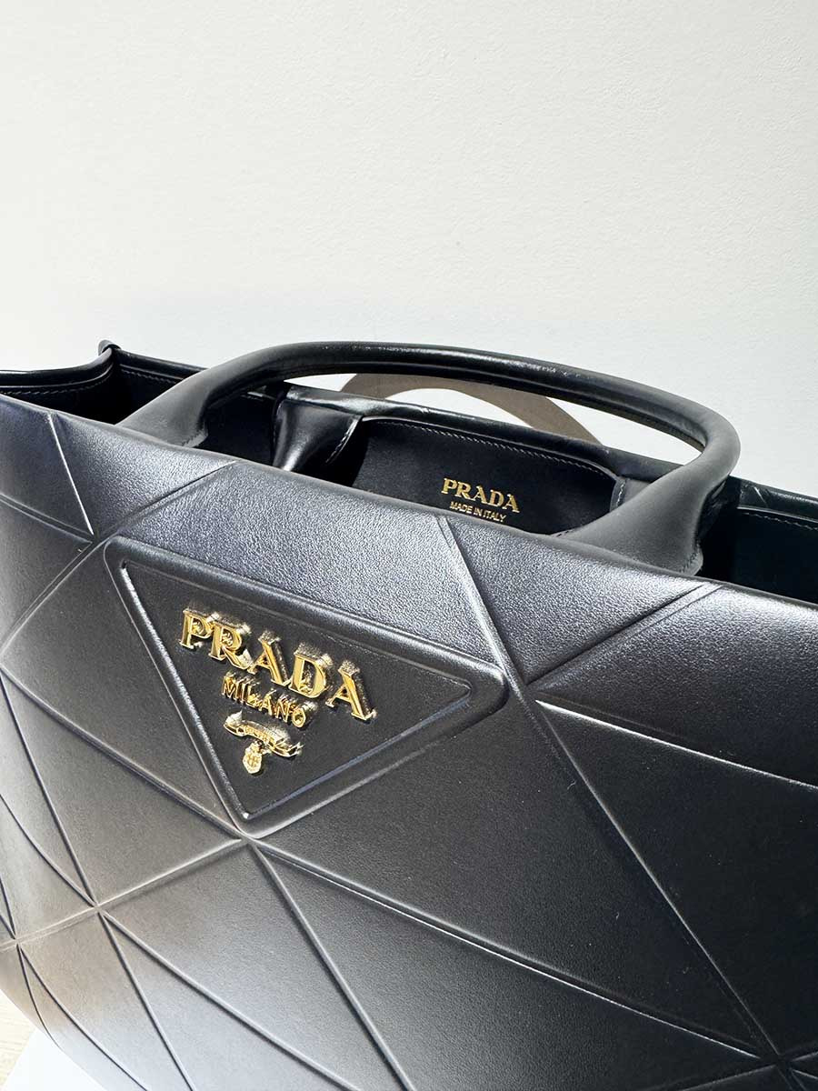 Large Leather Prada Symbole Bag with Topstitching in Black - 12