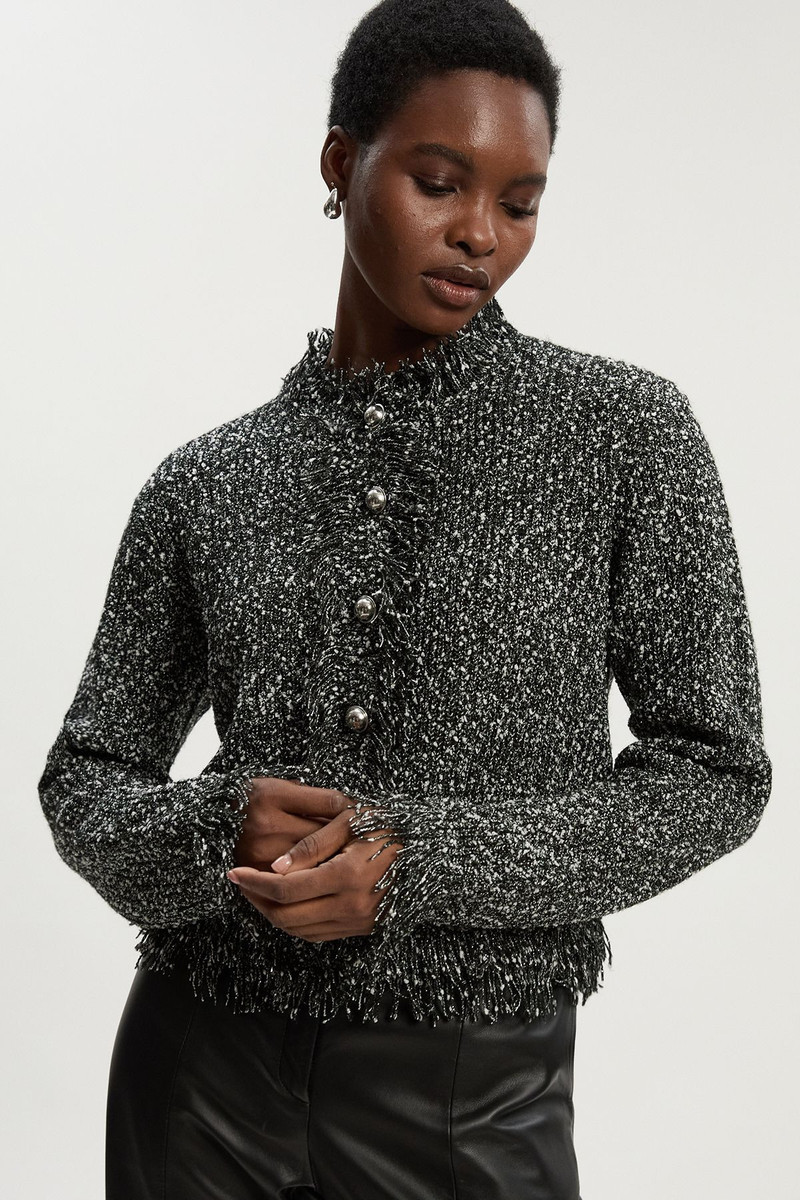 Tweed Yarn Fringe Detail Knitted Cardi 1
