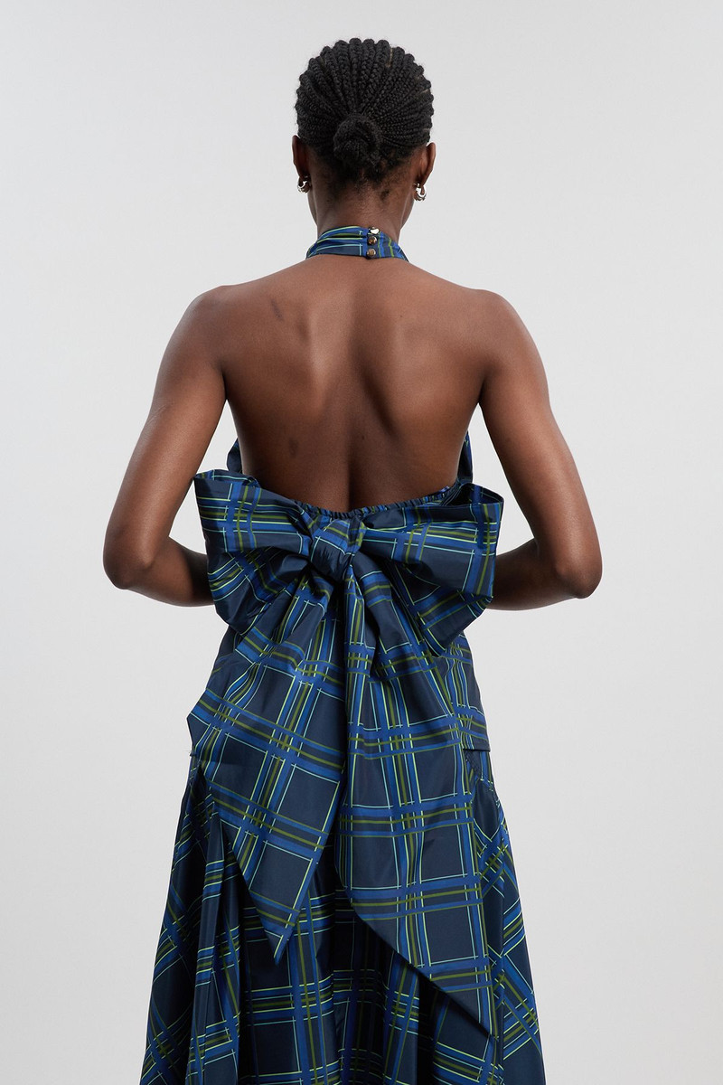 Check Taffeta Cross Front Halter Neck Blouse With Bow Detail 5