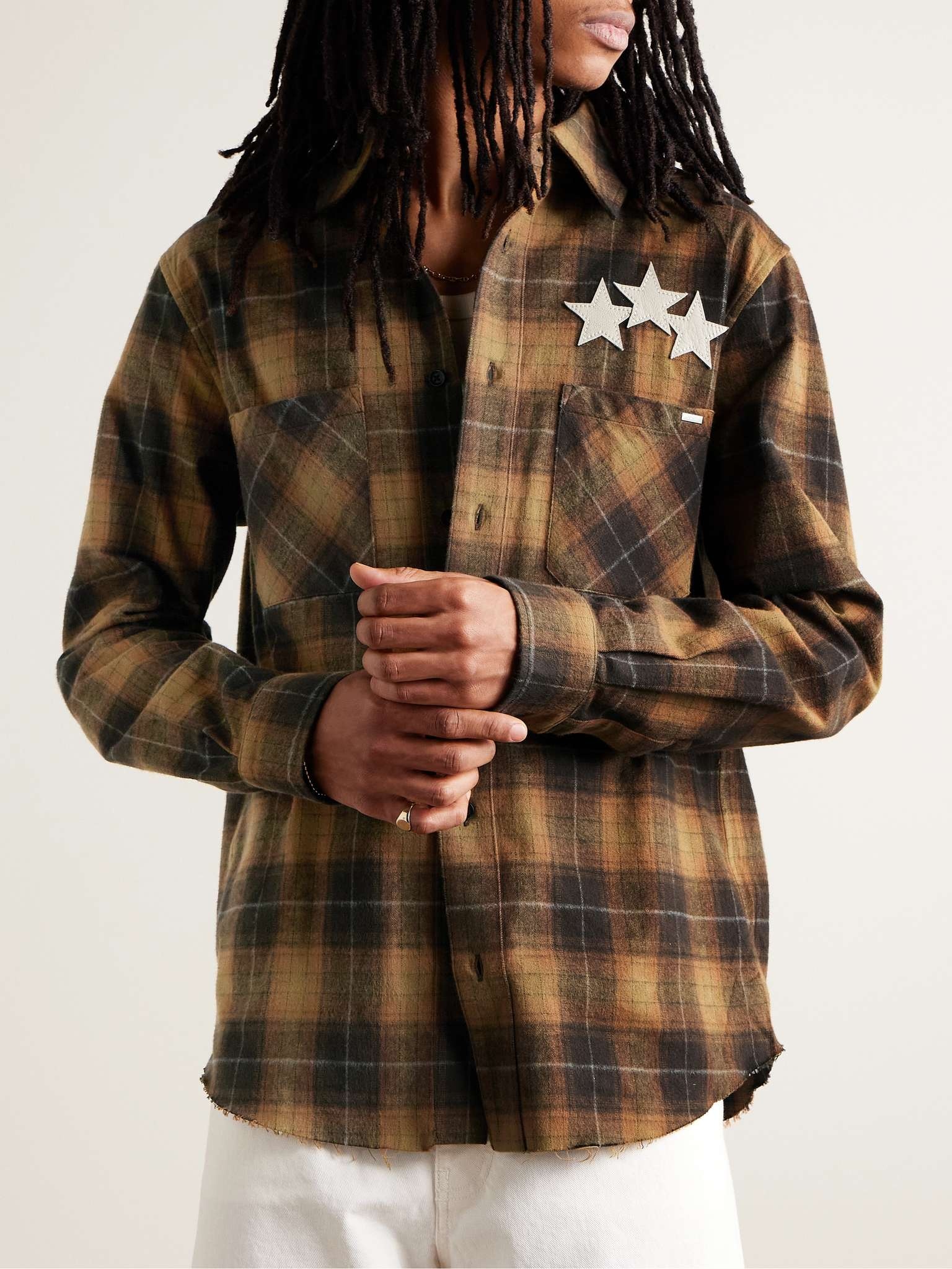 Leather-Appliquéd Logo-Embroidered Checked Cotton-Flannel Shirt - 3