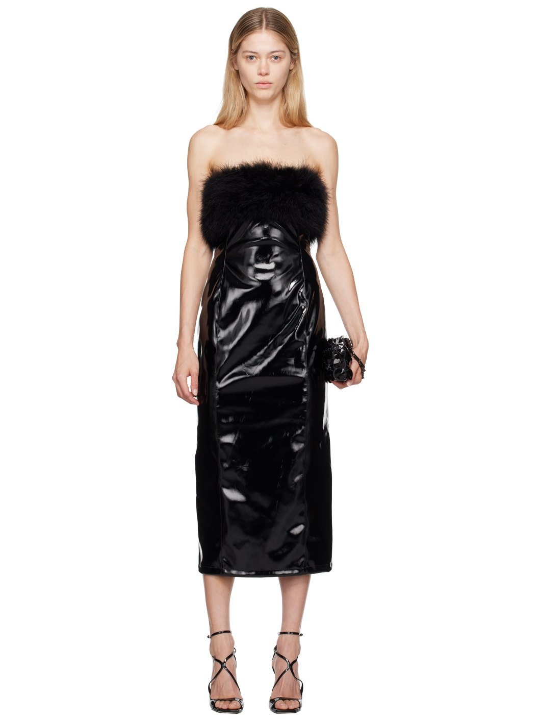 Black Marabou Feather Faux-Leather Midi Dress - 1