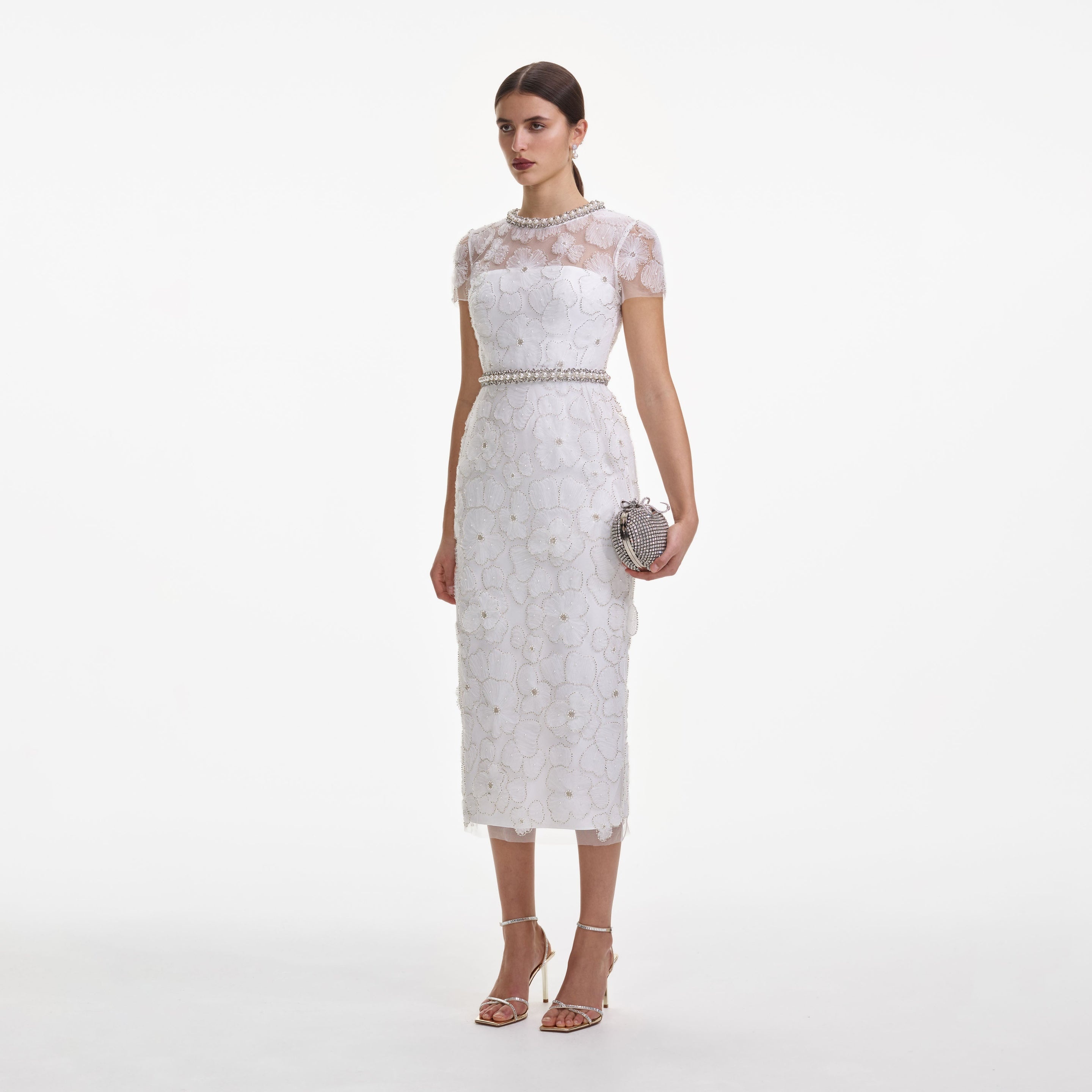 White Embellished Tulle Midi Dress - 2