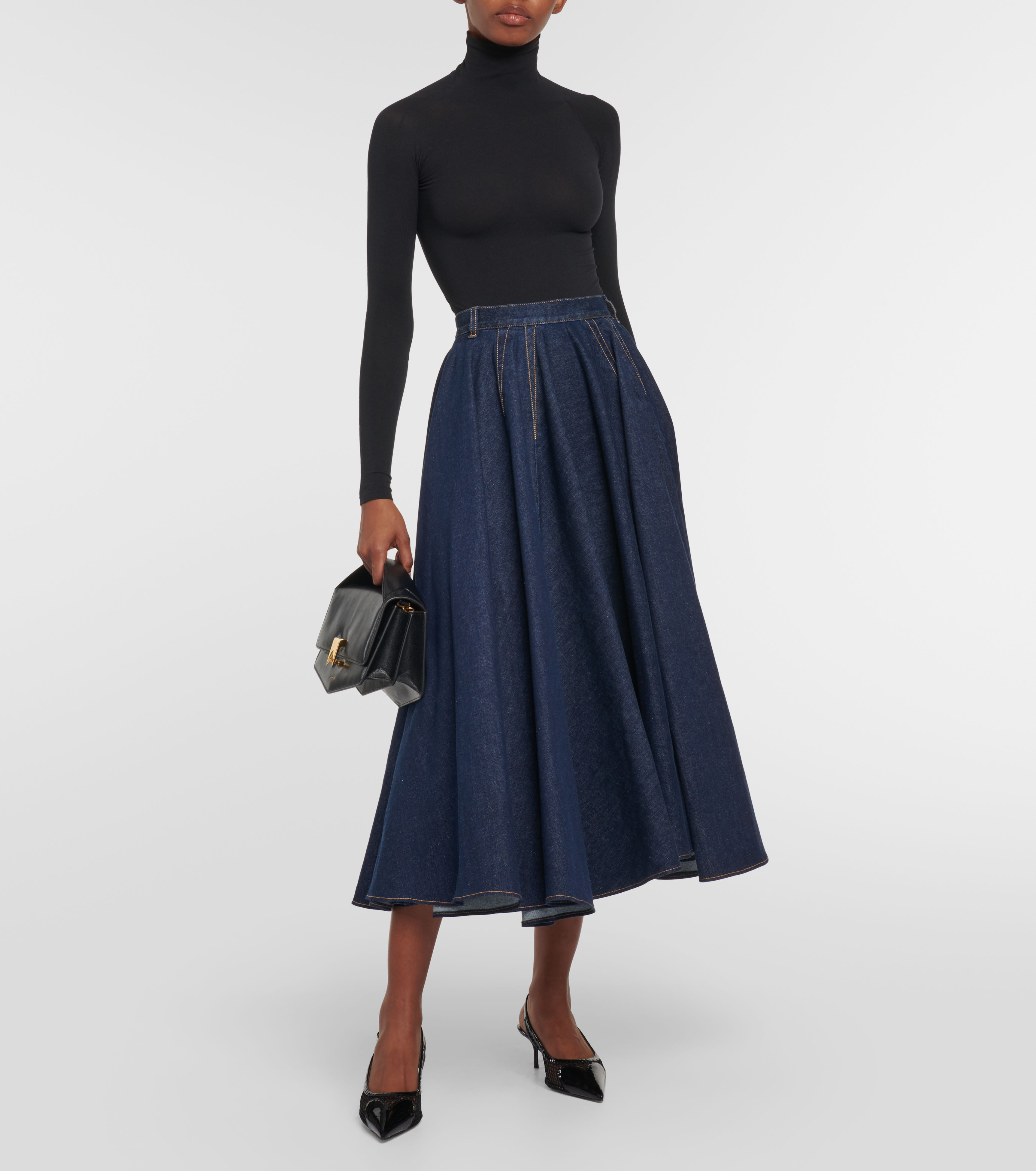 Pleated high-rise denim midi skirt - 2