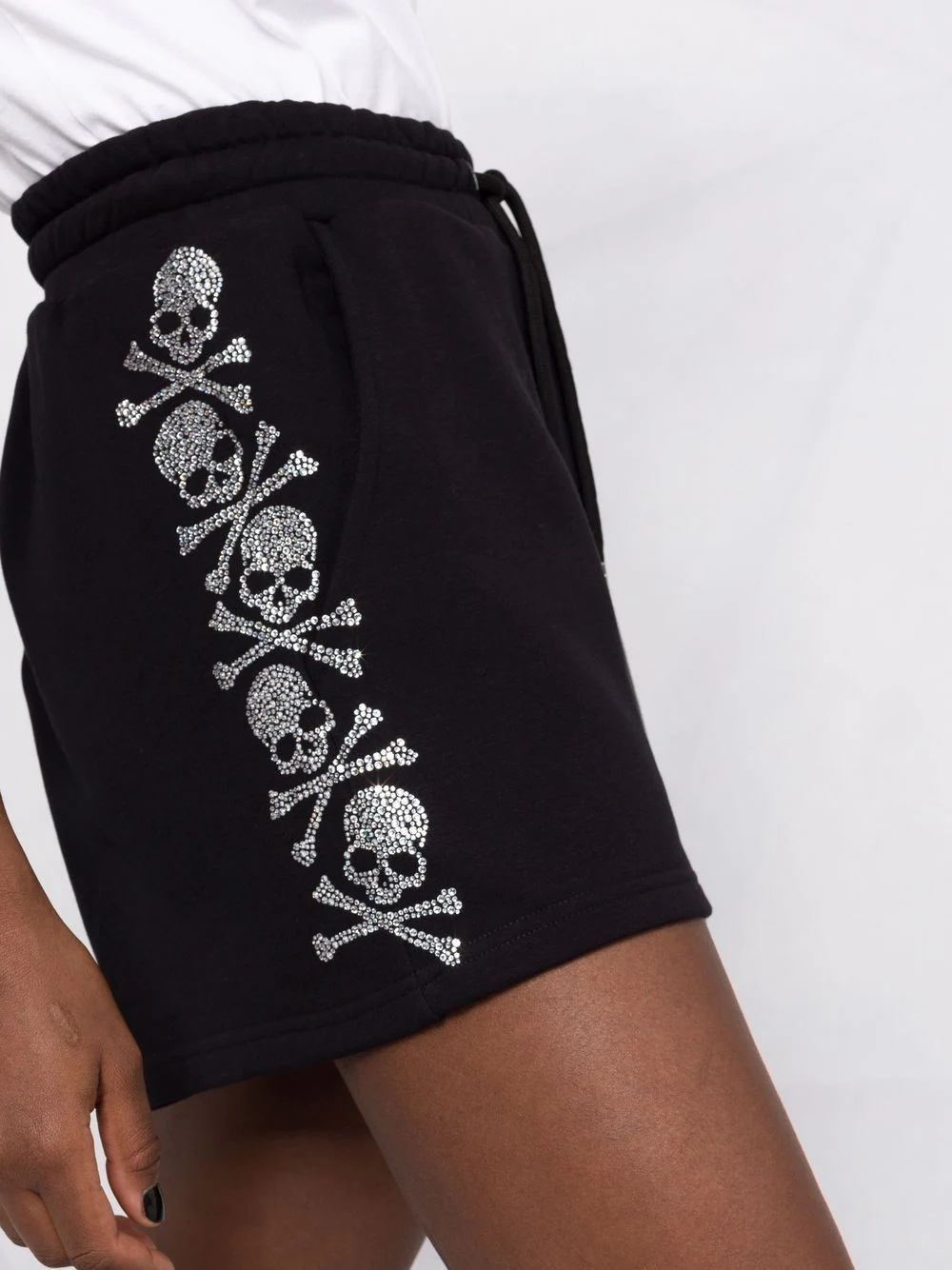 rhinestone-skull drawstring cotton shorts - 3