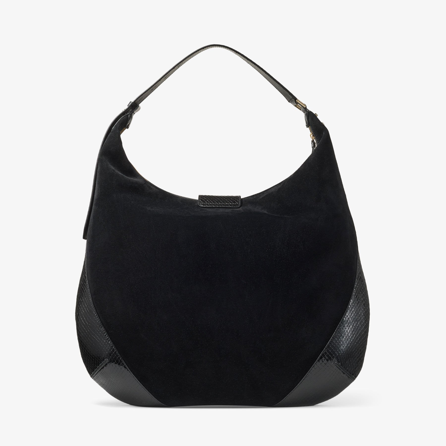 Bar Hobo L
Black Suede Shoulder Bag with Shiny Snake Printed Leather Trims - 5