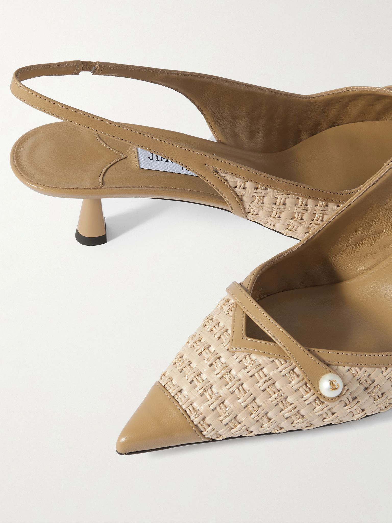 Amita 45 faux pearl-embellished leather-trimmed raffia slingback pumps Light brown - 4