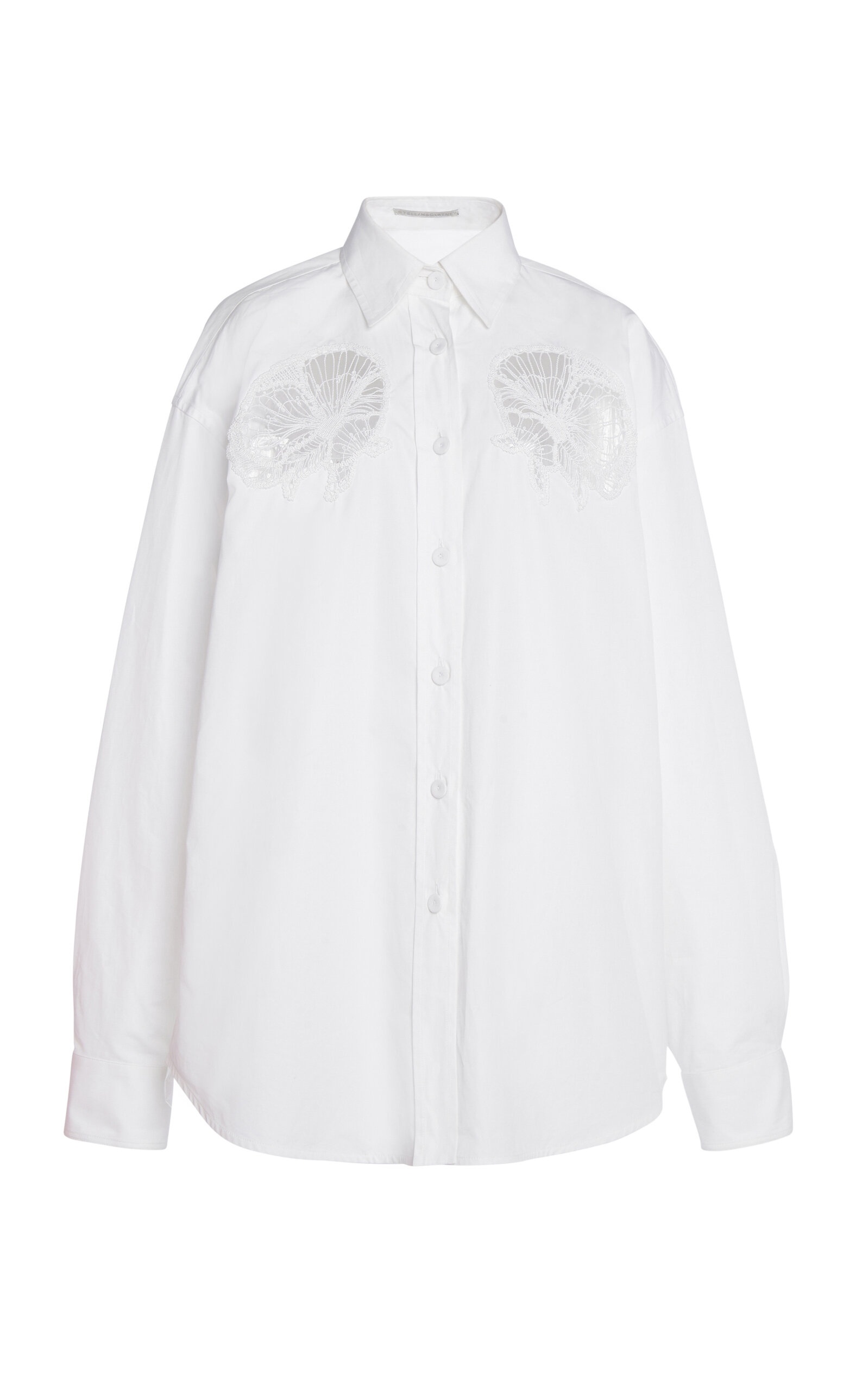 Lace Insert Cotton Poplin Button-Down Shirt white - 1