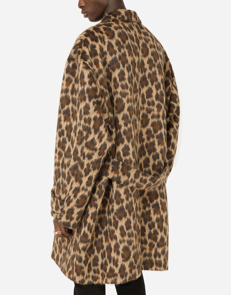 Double-breasted wool jacquard coat with leopard design - 5