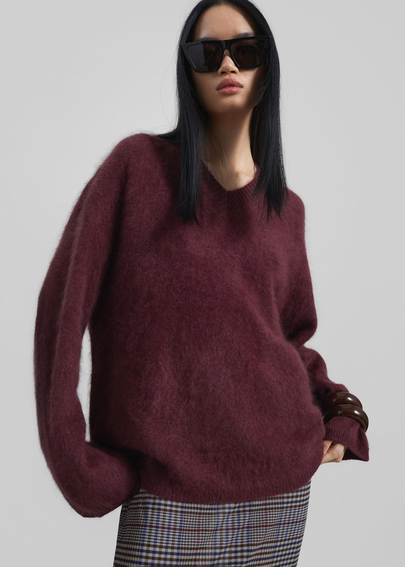 Vilhena Wool Fuzzy V-Neck Sweater - Burgundy 10