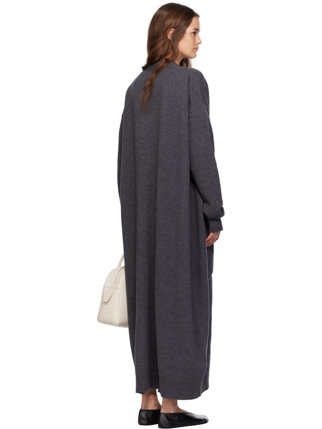 Gray Long V-Neck Knitted Caridgan - 3