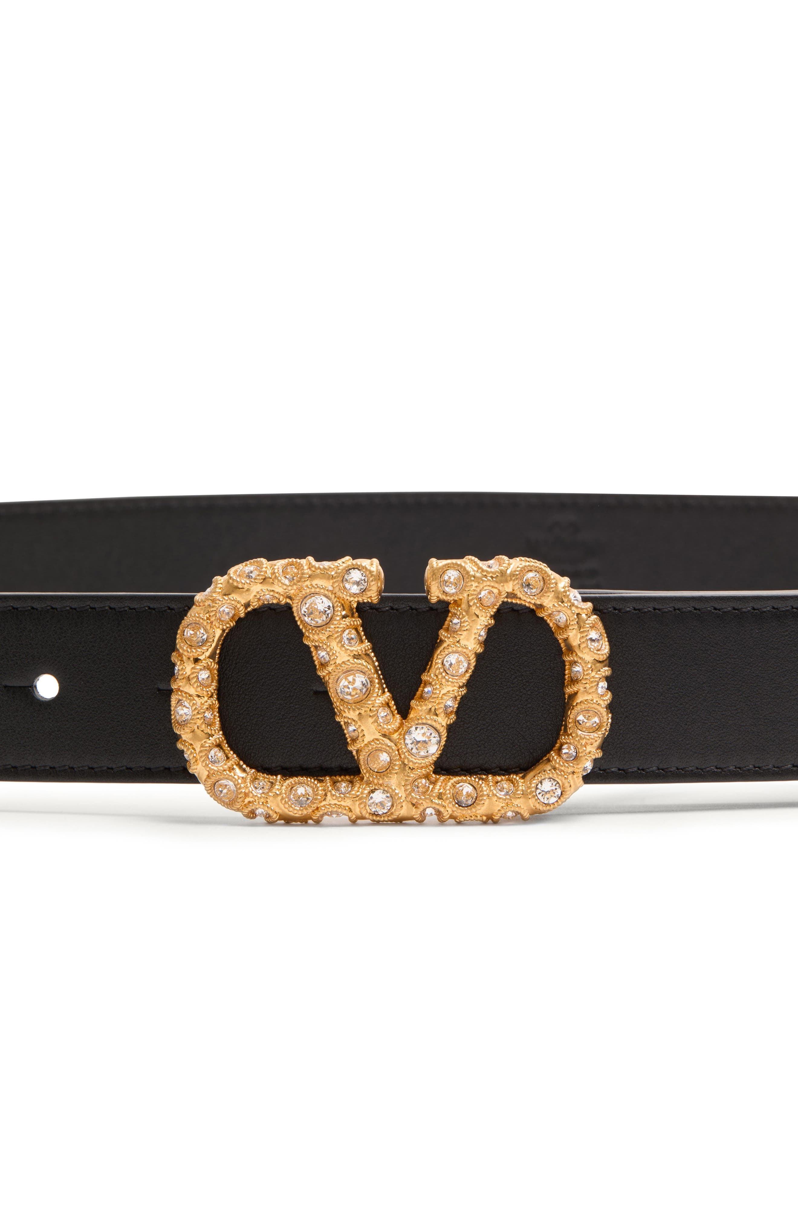 Valentino Garavani Crystal Embellished VLOGO Leather Belt in Black/Crystal at Nordstrom - 2