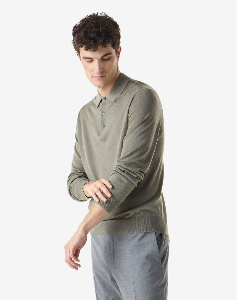CORNELIANI Green ultra fine silk and cashmere button-up polo shirt outlook