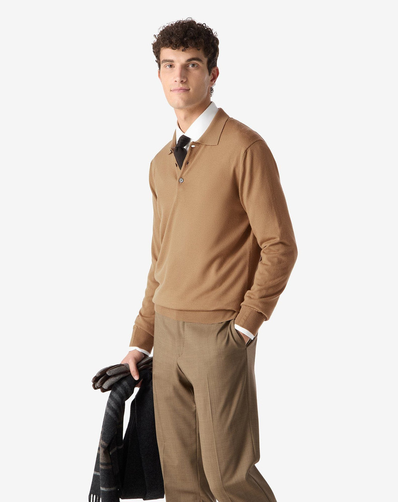 CORNELIANI Camel beige extra fine merino wool button-up polo shirt outlook