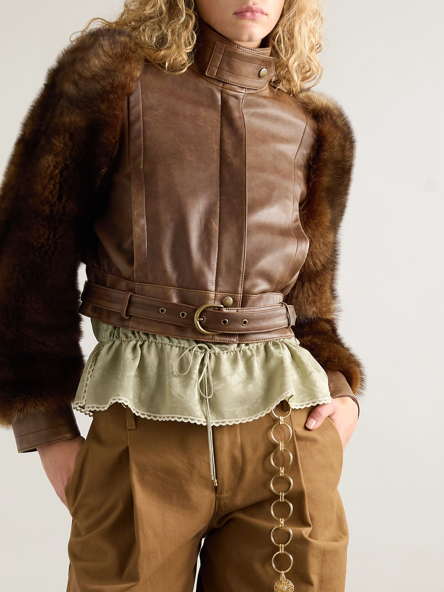 Cropped shearling-trimmed leather jacket Dark brown - 3