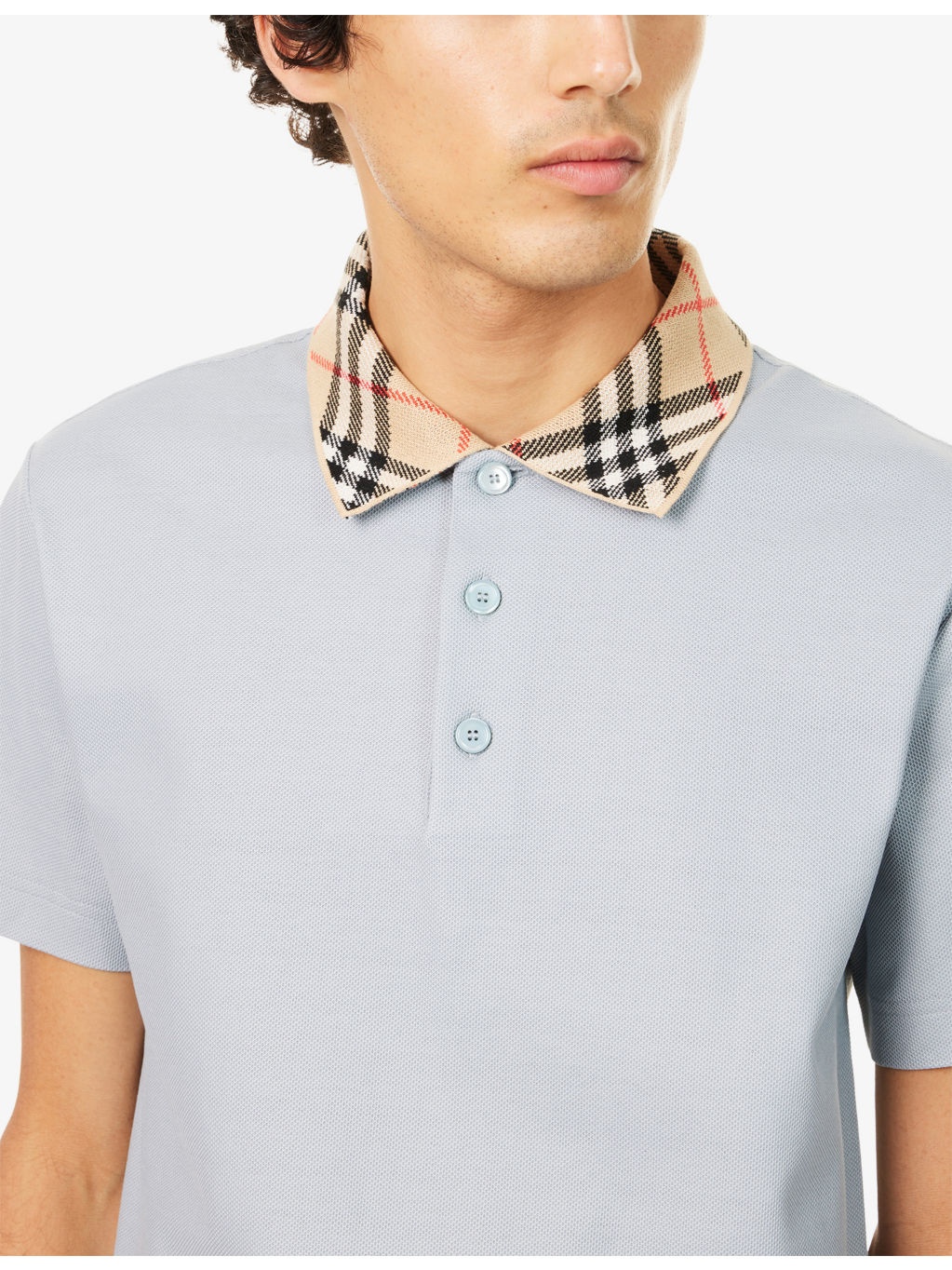 Check-Print-Collar Shirt-Sleeves Cotton-Piqué Polo Shirt - 5