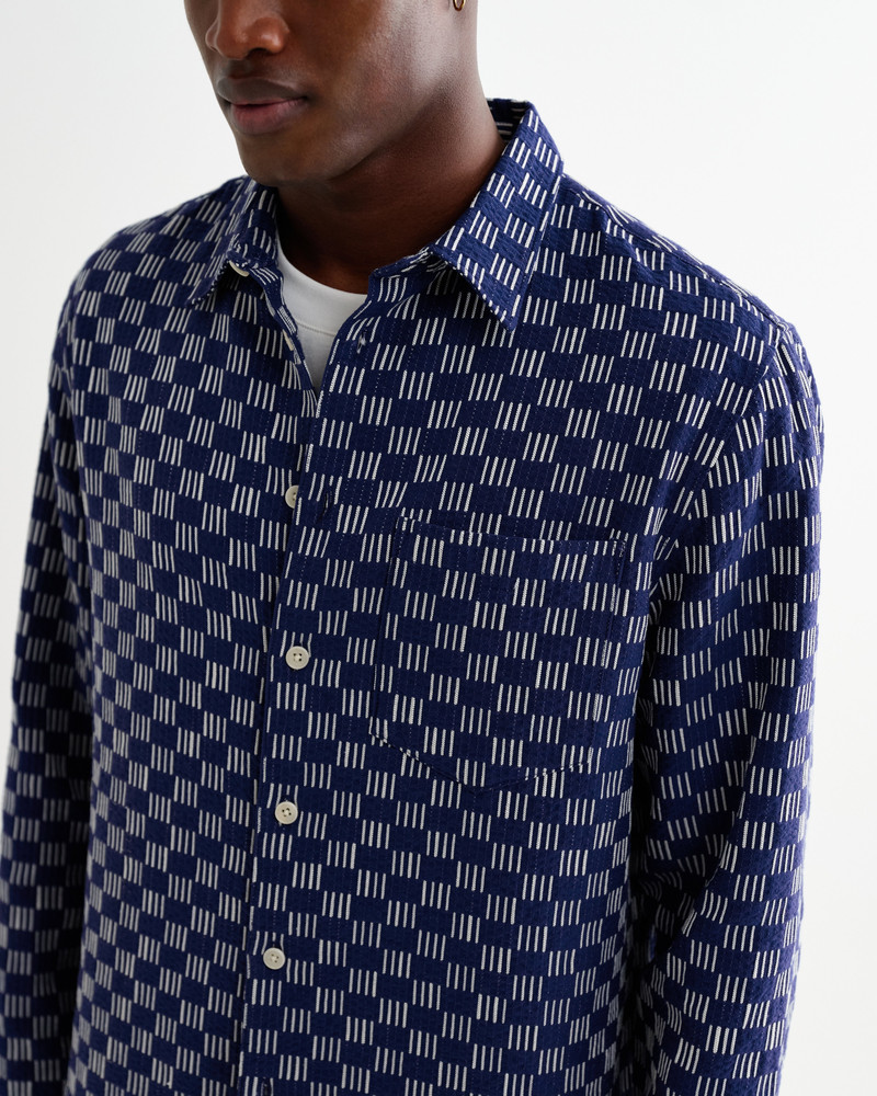Breton - Indigo And Ecru Geometric Grid Stitch Overshirt 4