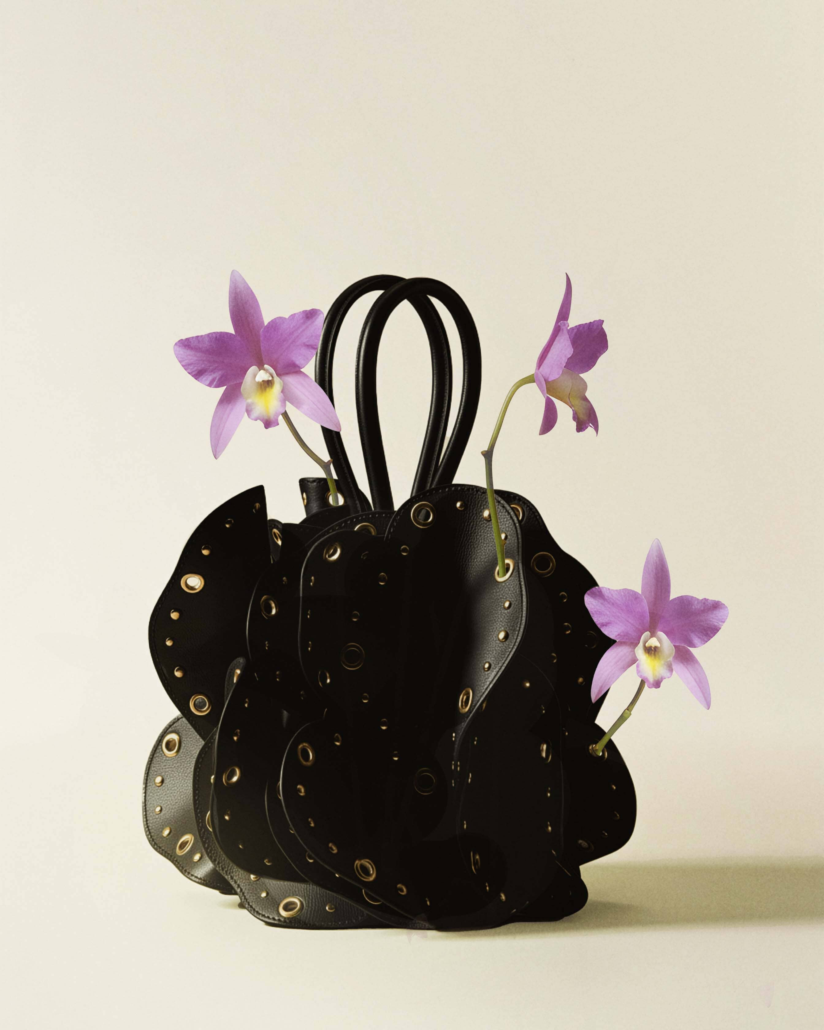 Black Leather Studded Flower Bag - 2