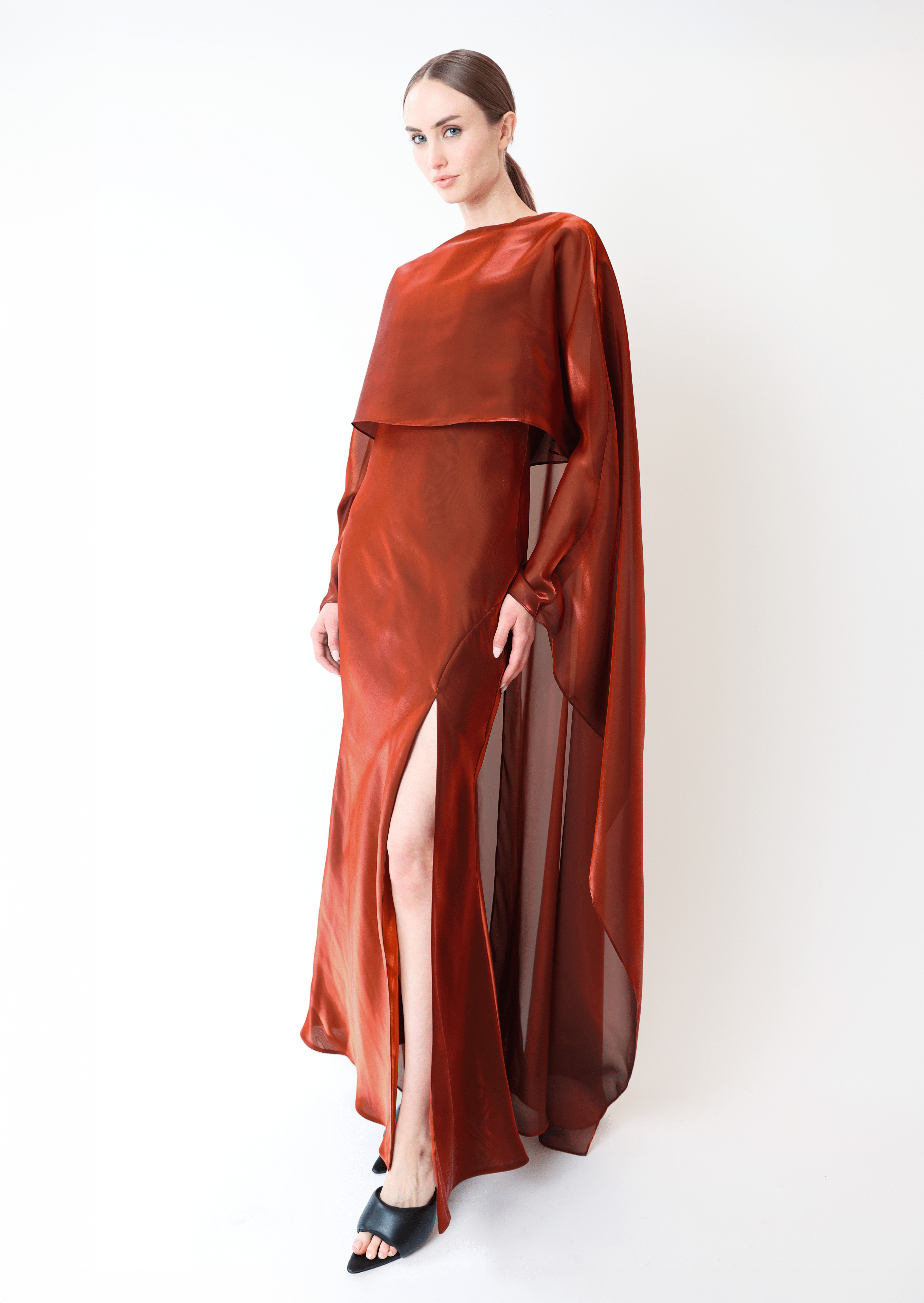 Metallic Organza Layered Gown With Cape - 2
