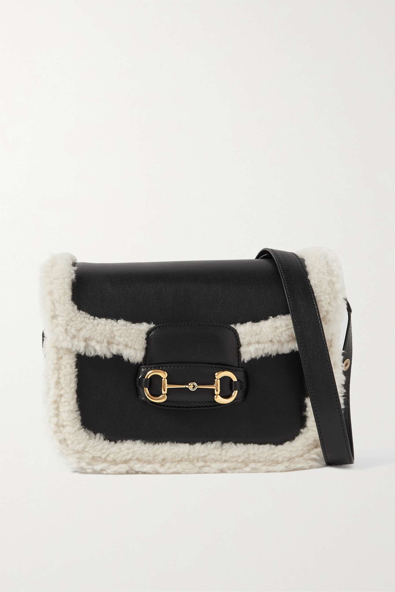 Horsebit 1955 shearling-trimmed leather shoulder bag - 1