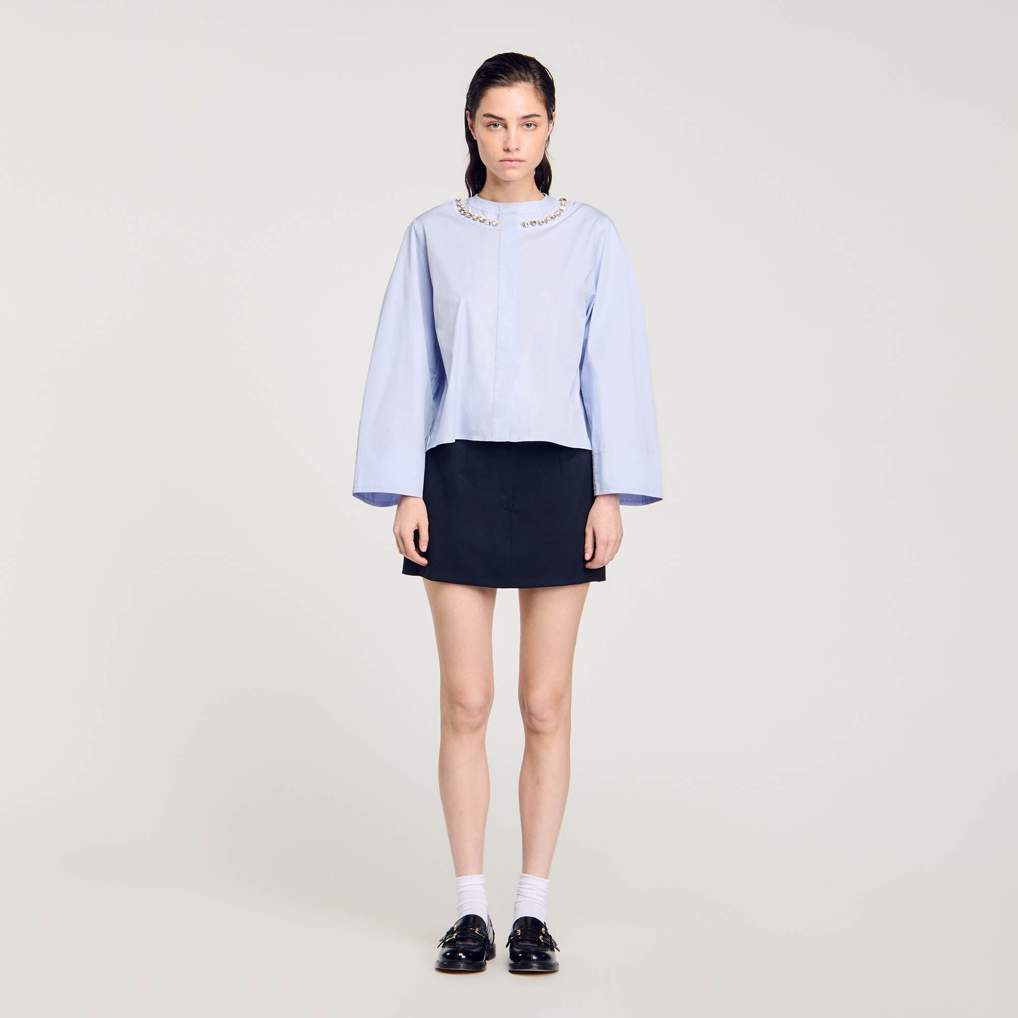 CROPPED SHIRT WITH JEWEL TRIM COLLAR - 3
