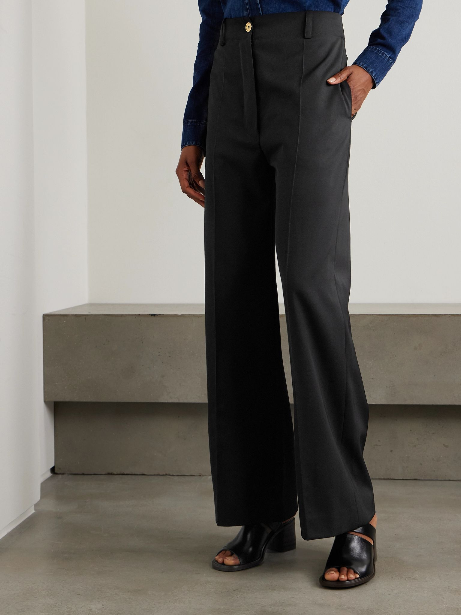 Iconic wool-blend wide-leg twill pants Black - 3