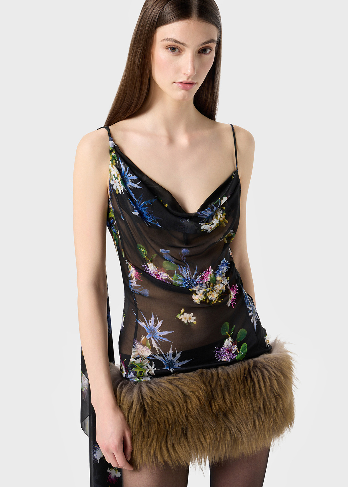 PRINTED CHIFFON DRESS WITH FUR LINING - 5
