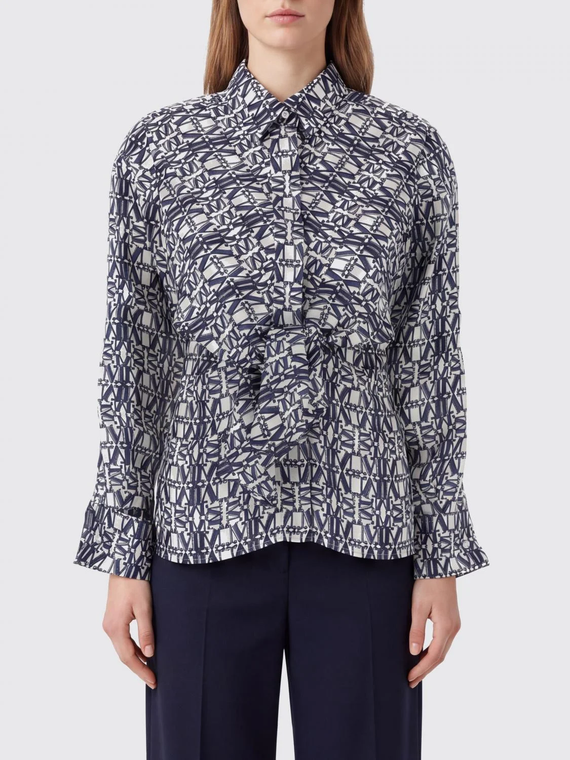 Max Mara Women Monogram Print Pure Silk Shirt Max Mara With French Collar - 1