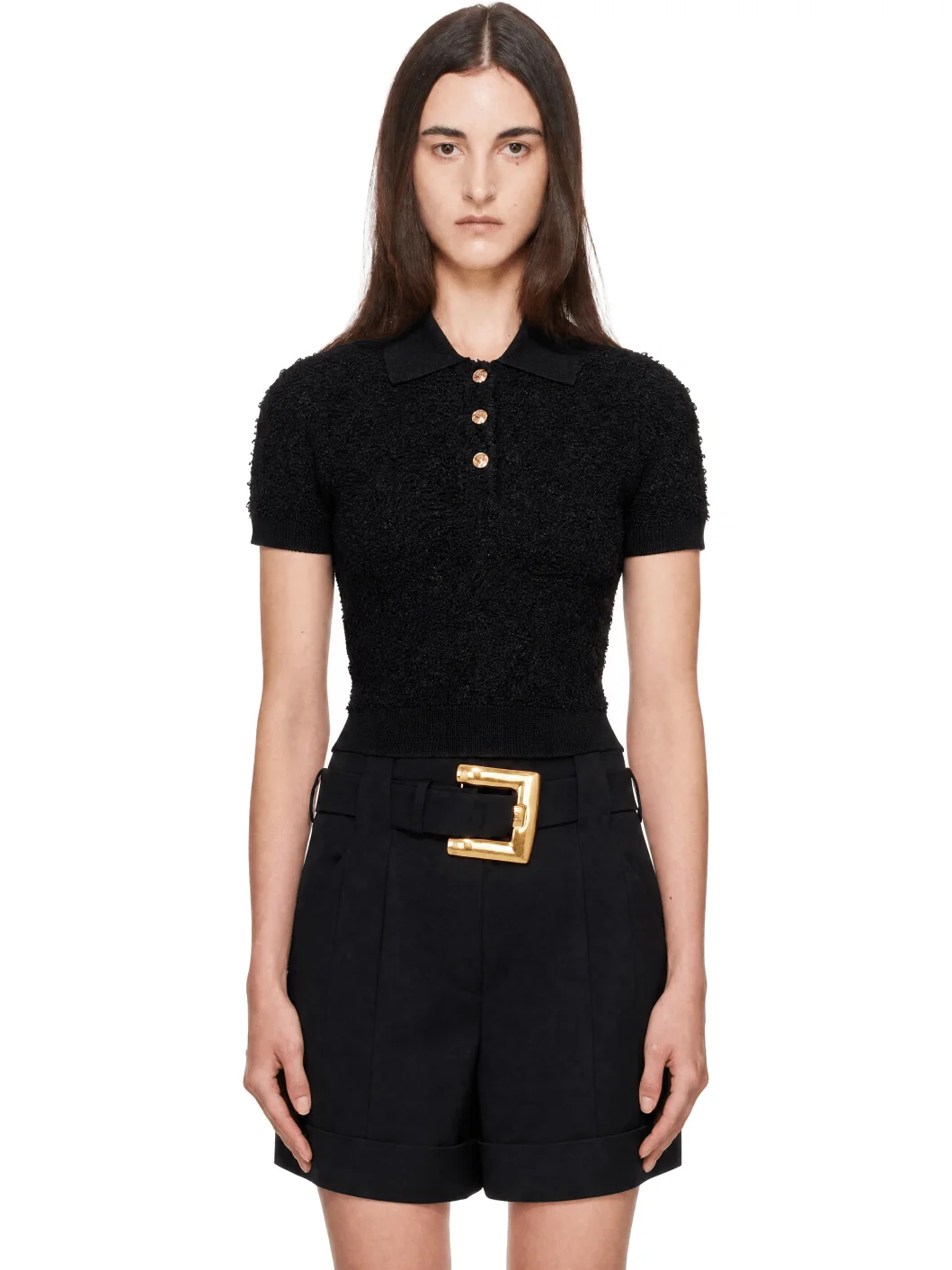 Black Short Sleeves Buttoned Tweed Knit Polo - 1