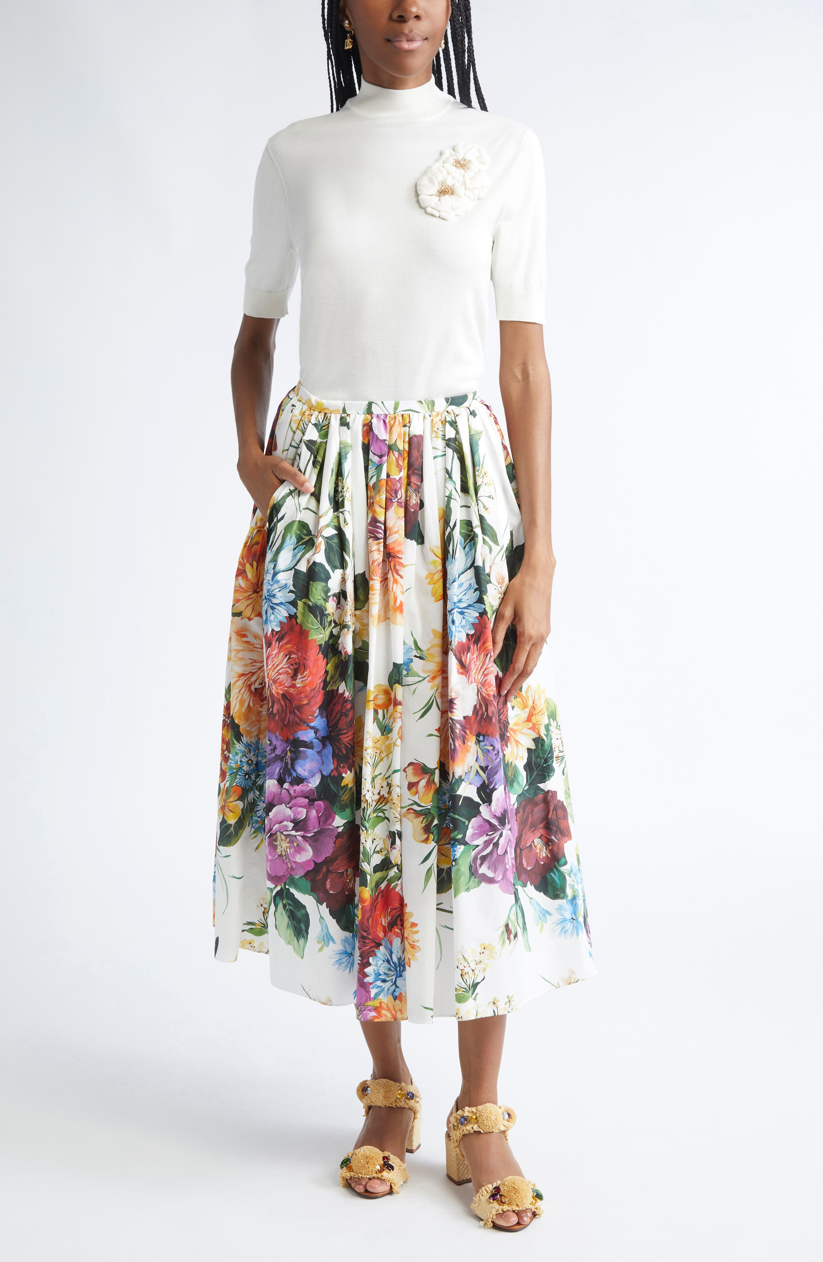 Dolce&Gabbana Floral Print Pleated Cotton Poplin A-Line Midi Skirt in Ha5Pc B.fiori Cret. F.bco at N - 2