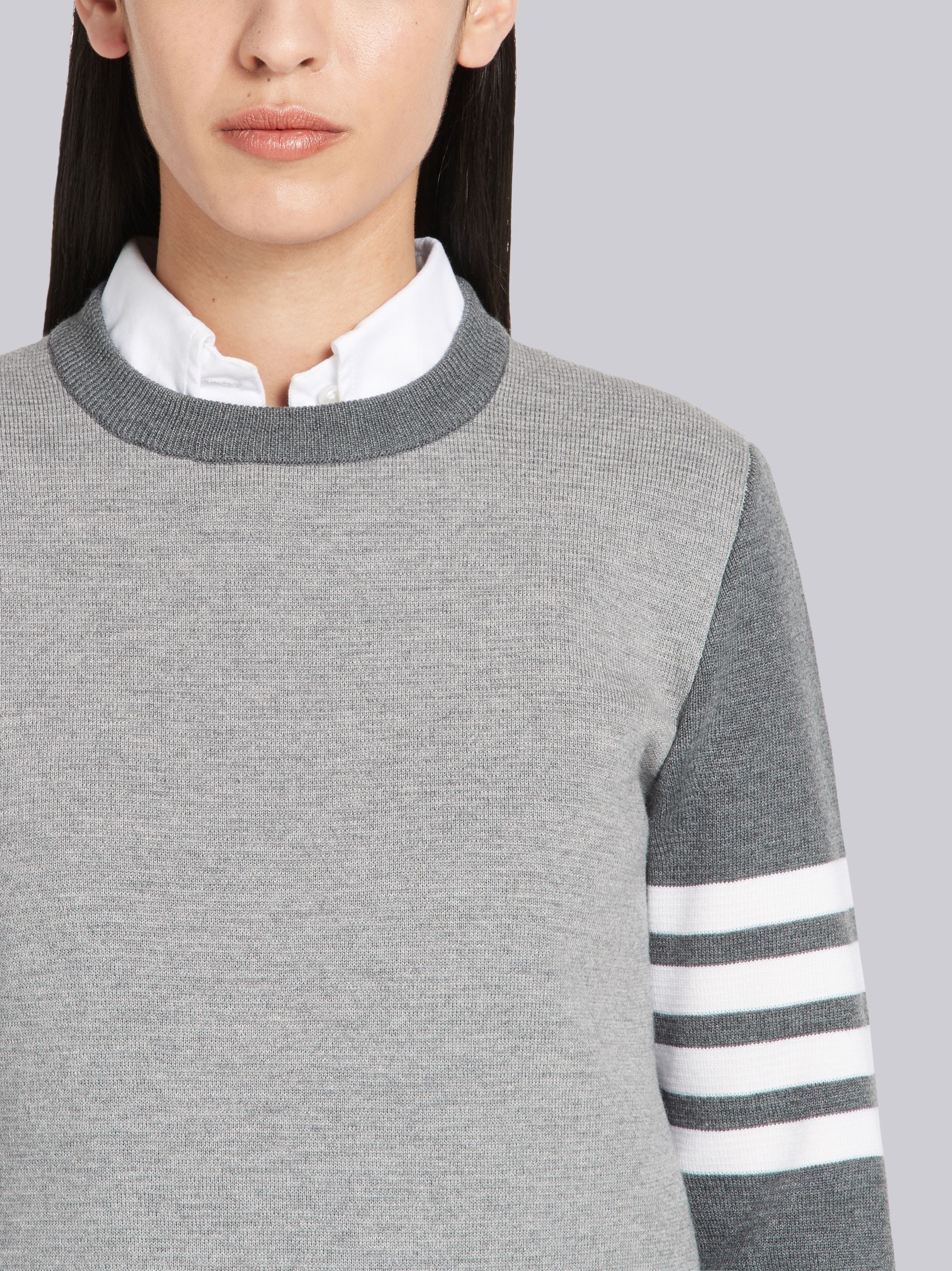 Tonal Grey Fun-mix Milano Stitch Fine Merino Wool 4-bar Crew Neck Pullover - 5