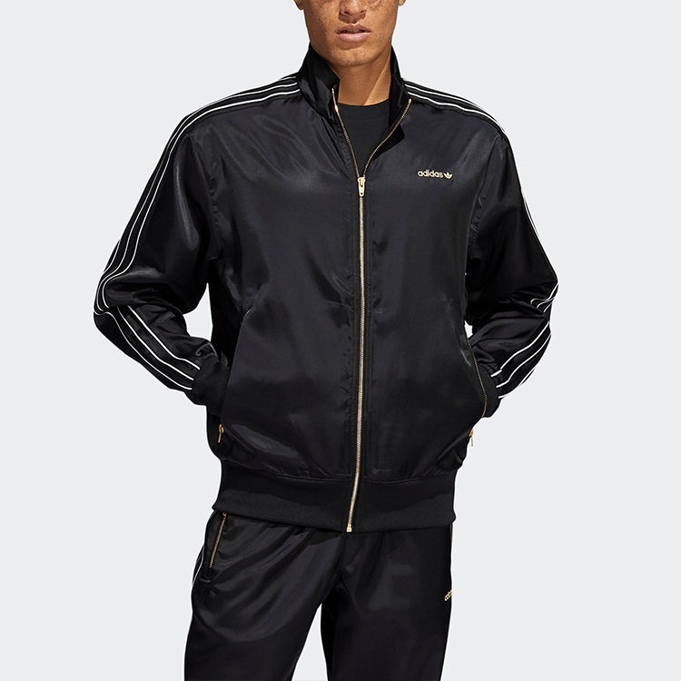 Men's adidas originals Stand Collar Stripe Zipper Ribbed Cuff Long Sleeves logo Sports Jacket Black  - 2