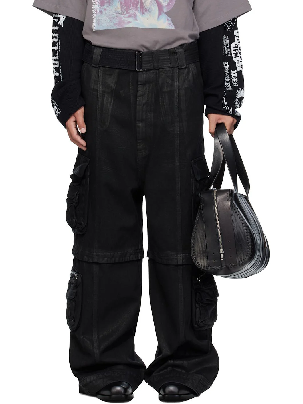Black Coated Denim Cargo Pants - 1