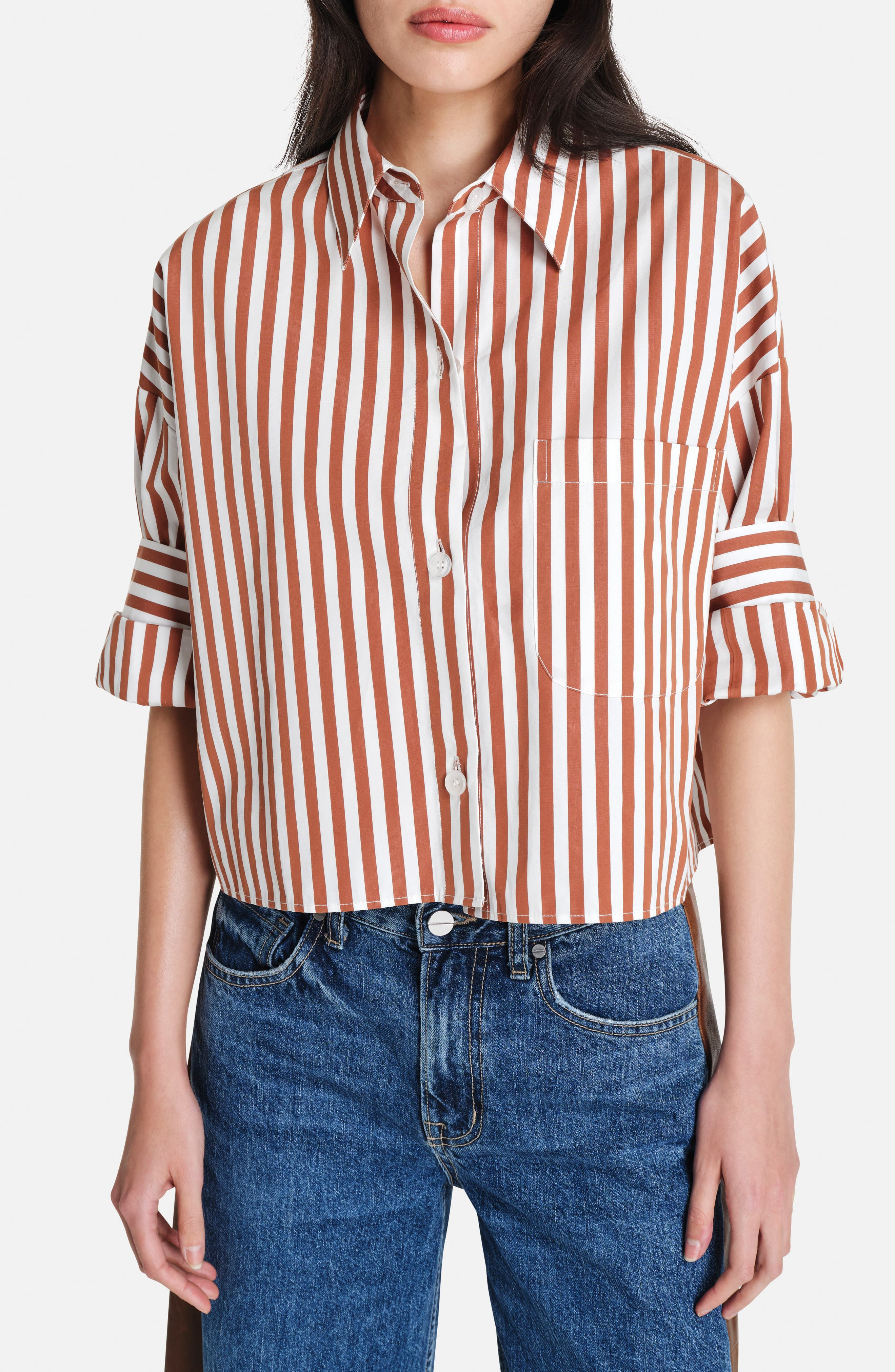 TWP Stripe Cotton Button-Up Shirt in Ivory/Cognac at Nordstrom - 1