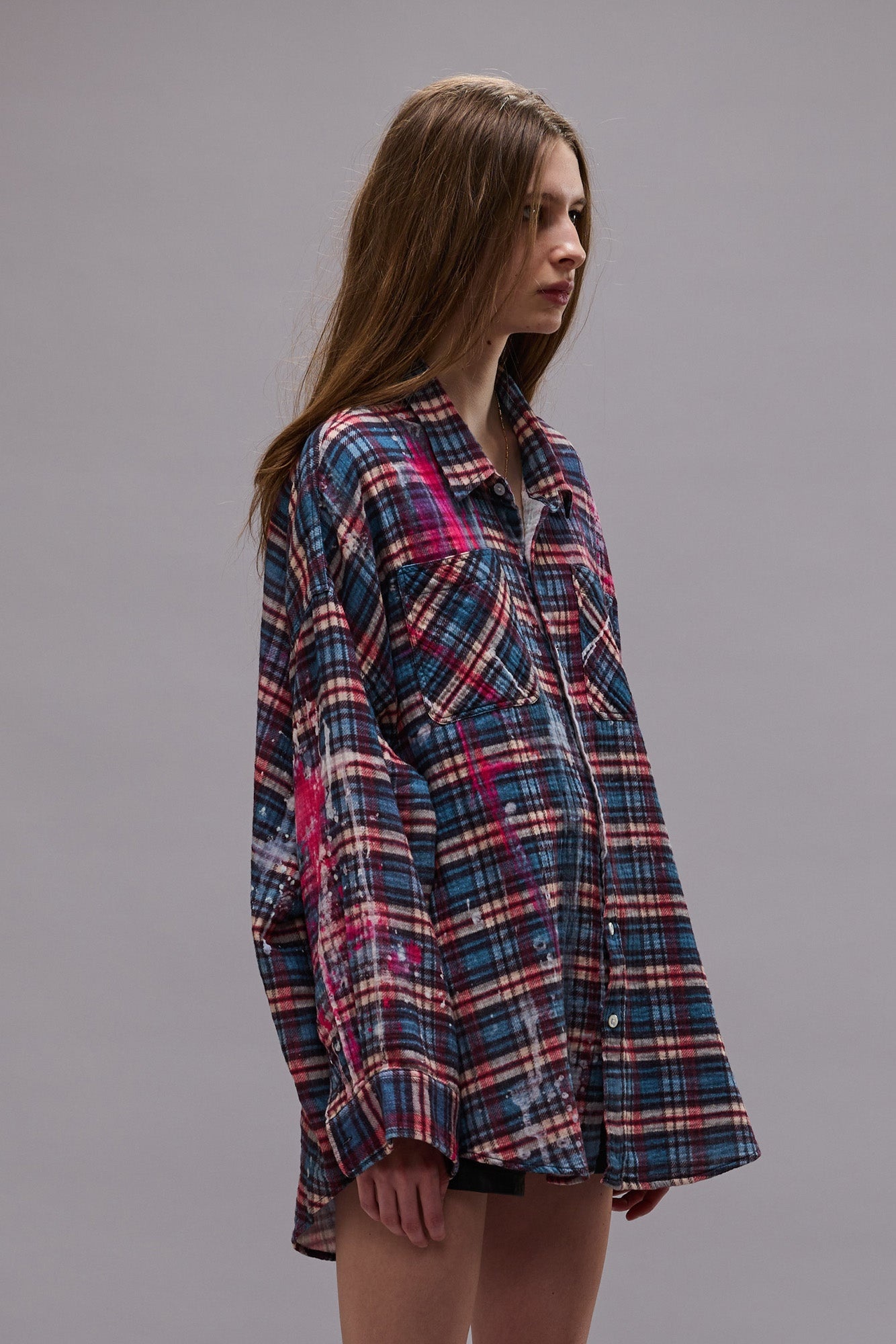 DROP NECK WORKSHIRT - BLUE PLAID WITH PAINT DRIPS -R13 - 5
