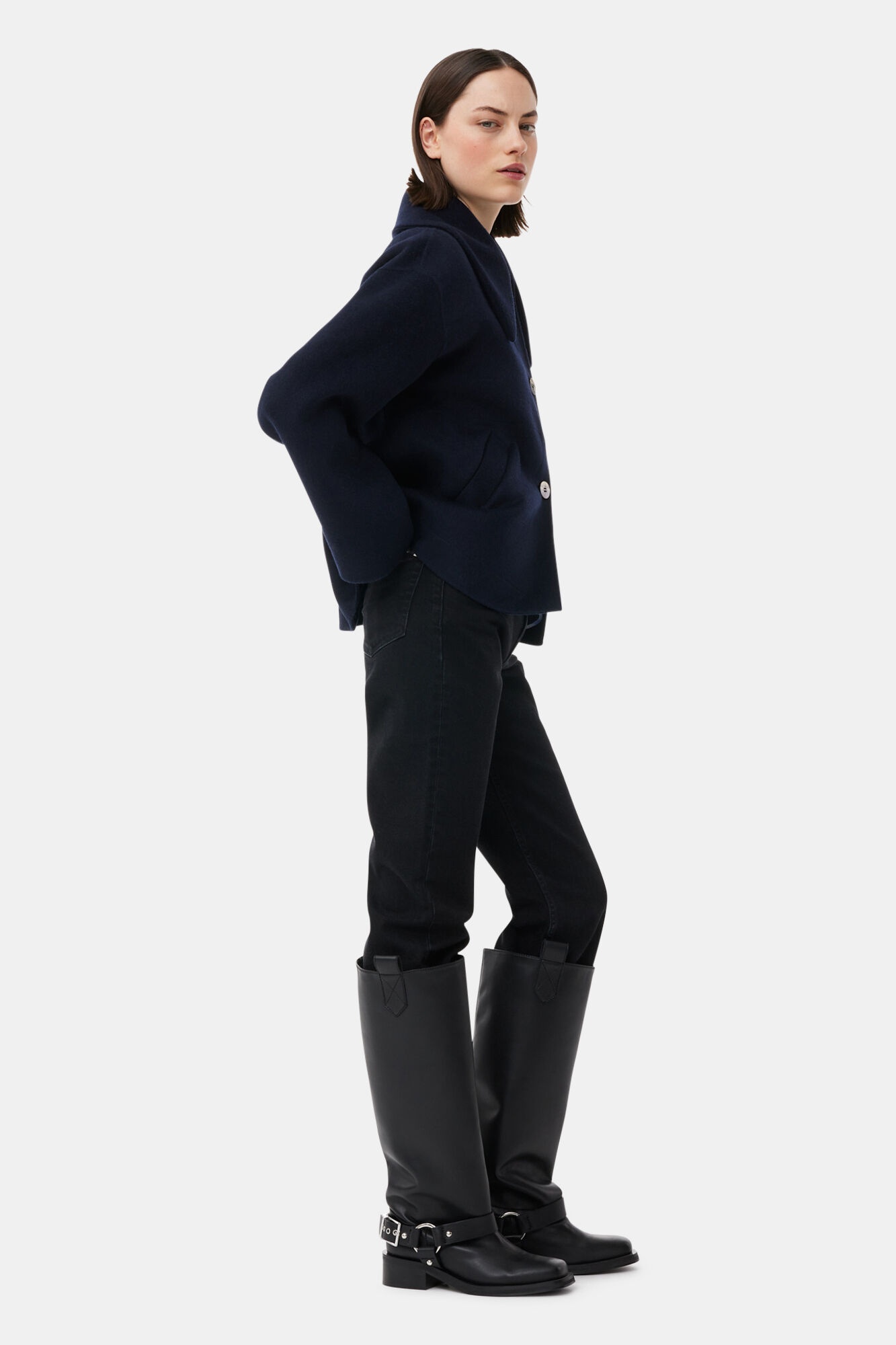BLUE WOOL WIDE COLLAR JACKET - 5