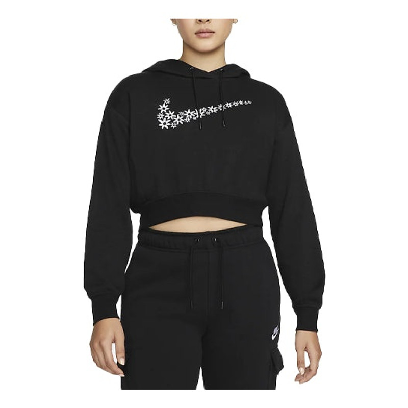 (WMNS) Nike Sportswear Logo Embroidered Loose Fleece Hoodie Black DO7257-010 - 1