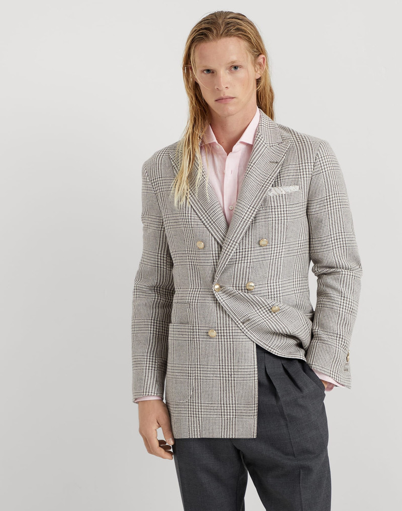 Linen, silk, wool and cotton Prince of Wales one-and-a-half breasted blazer with patch pockets and m 1