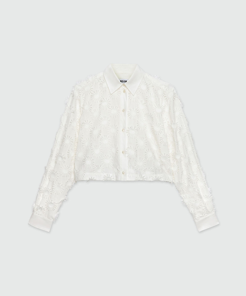 Cropped shirt in white poplin with embroidery - 1