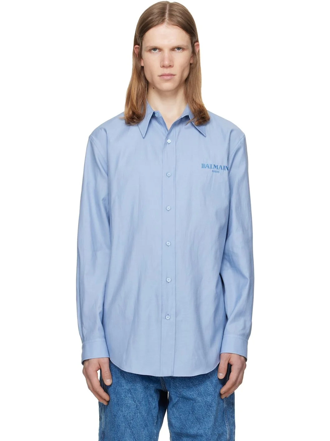 Blue Herringbone Poplin Regular Shirt - 1