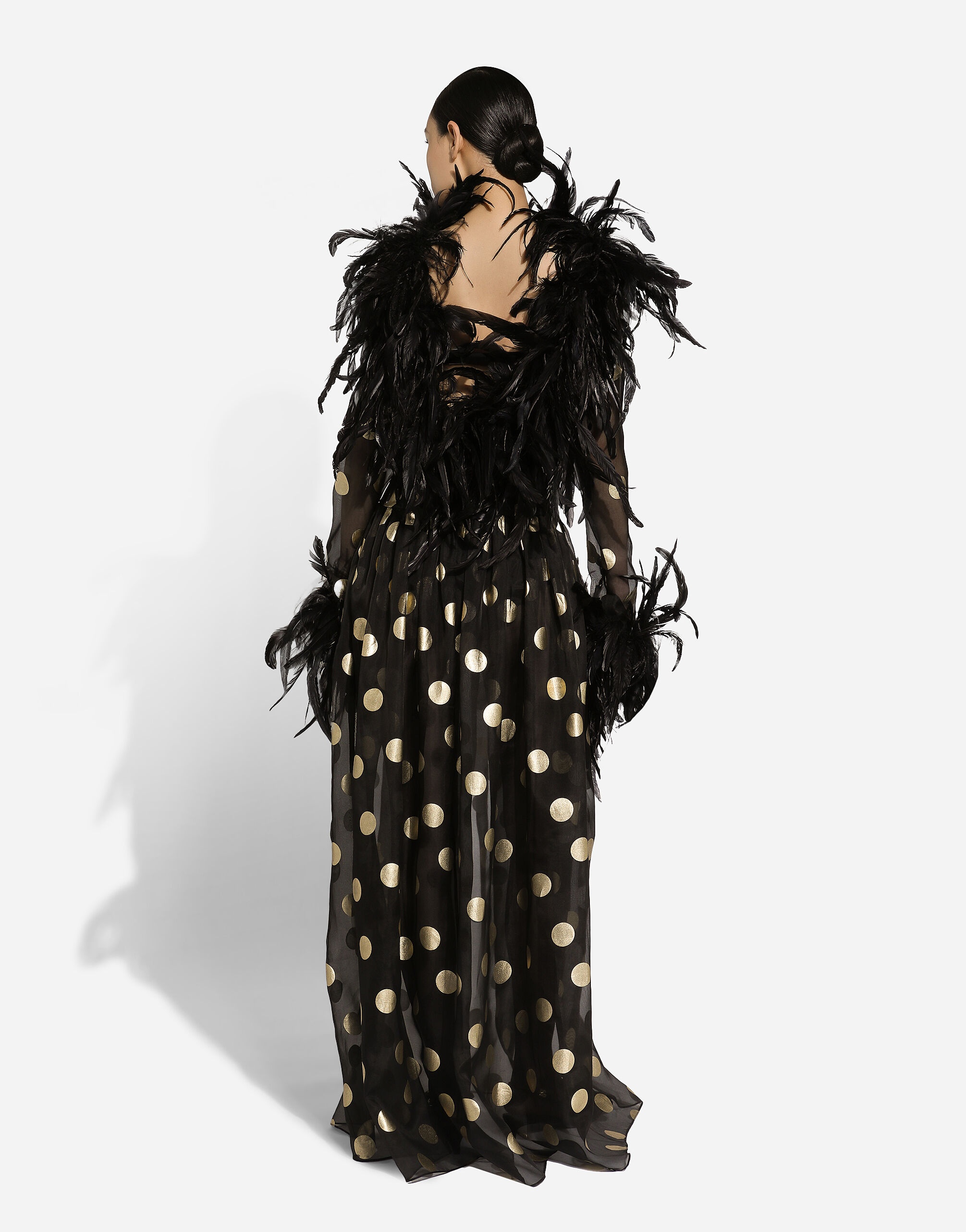 Long polka-dot silk organza dress with feathered details - 4