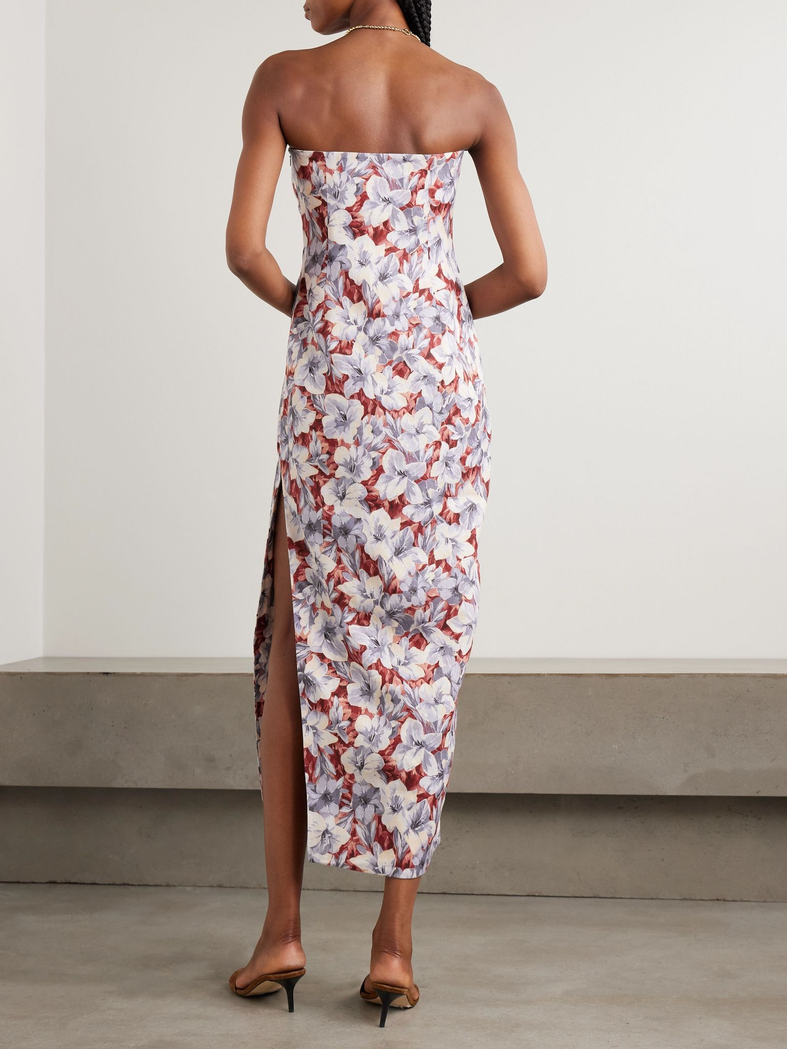 Rosalie strapless pleated floral-print linen midi dress Multi - 3