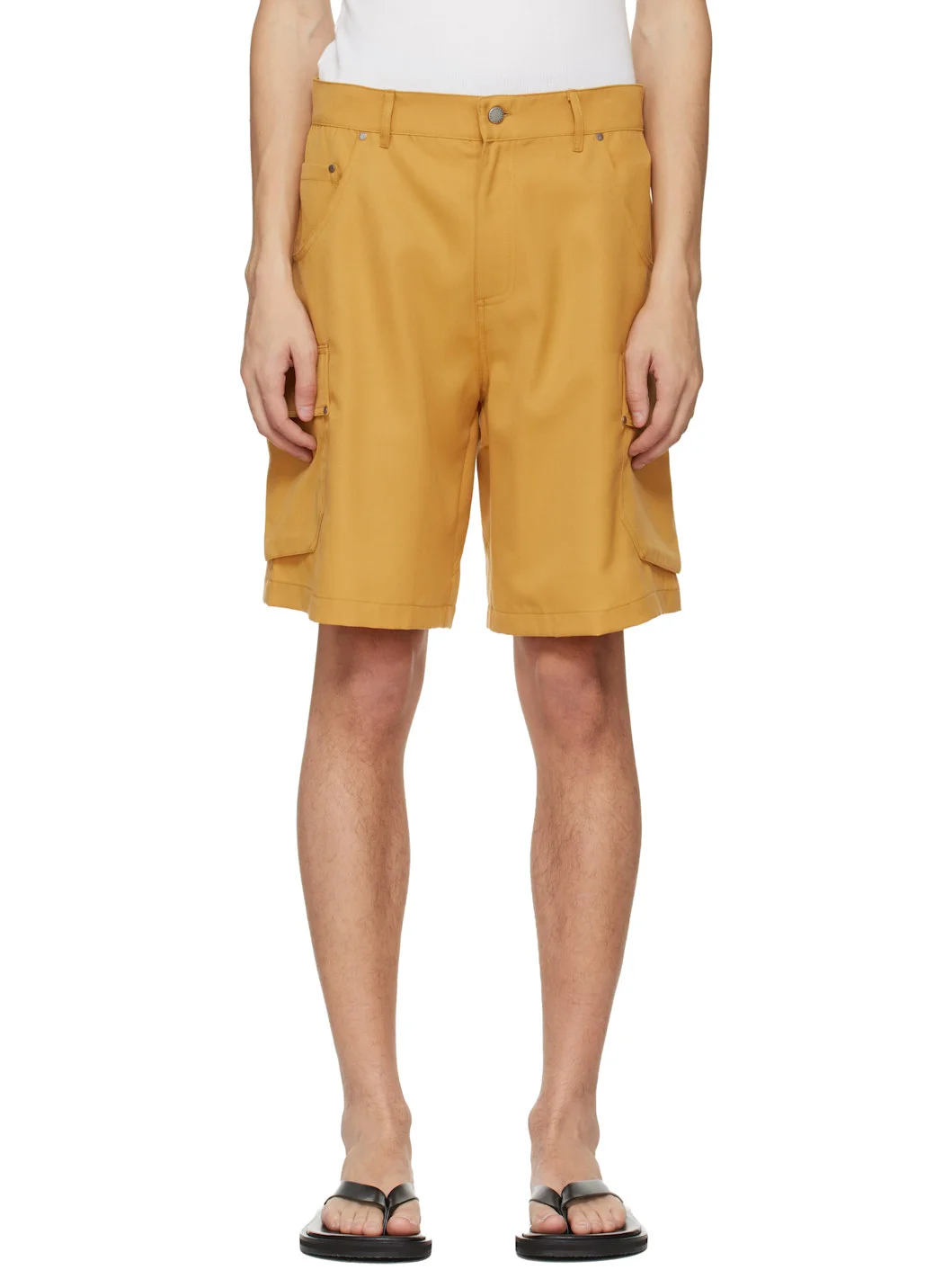 Yellow Riveted Linen Cargo Shorts - 1