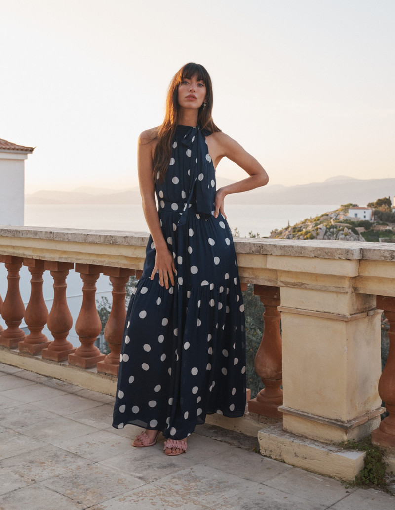 BODEN Roisin Tie Neck Maxi Dress-Navy Painted Dot Spaced outlook
