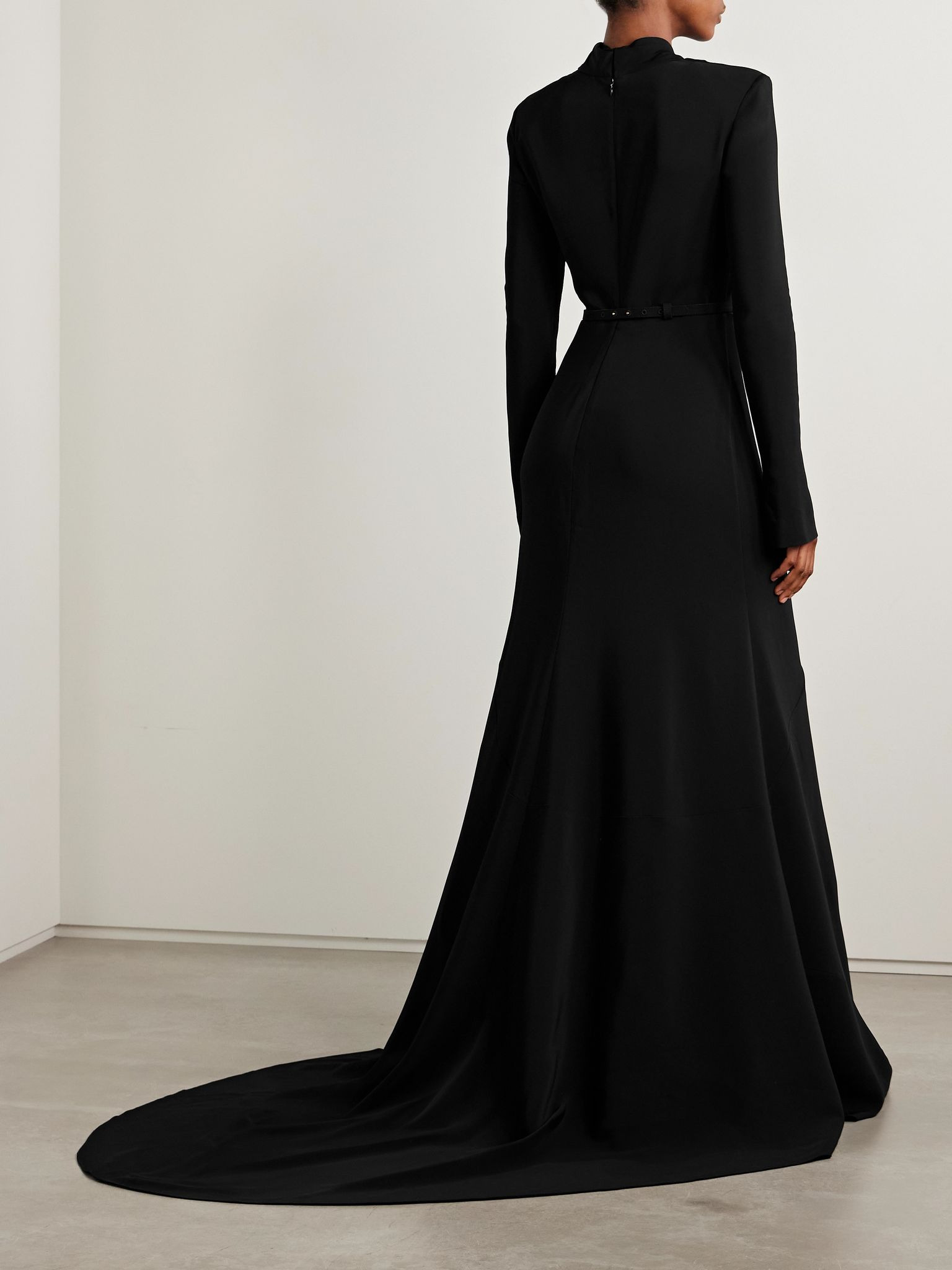 Wrap-effect embellished belted crepe gown Black - 3