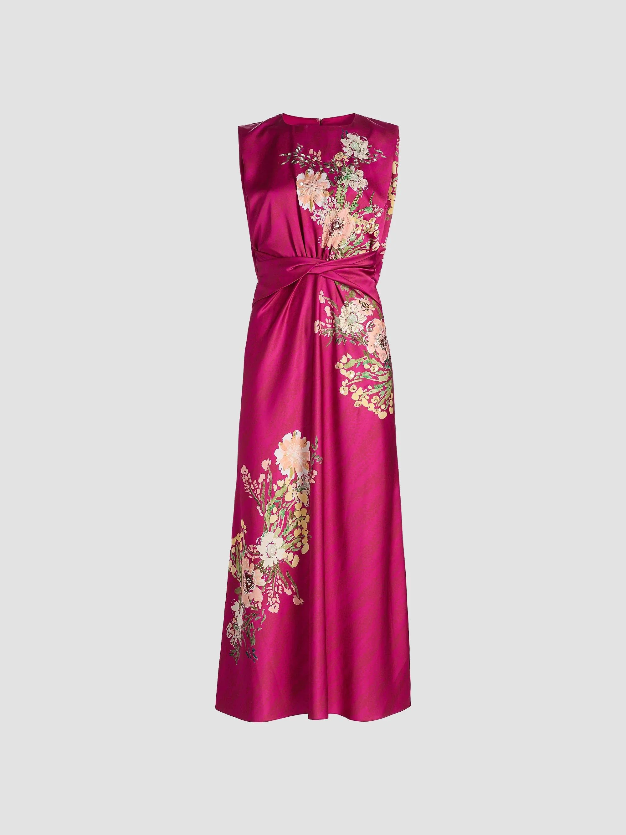 Women's Gwen Floral Satin Midi Dress - Aster Bouquet Placement - 1