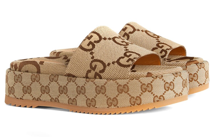 (WMNS) Gucci GG Lame Platform Slide Sandal 'Camel Monogram' 623212-UKO00-2580 - 2