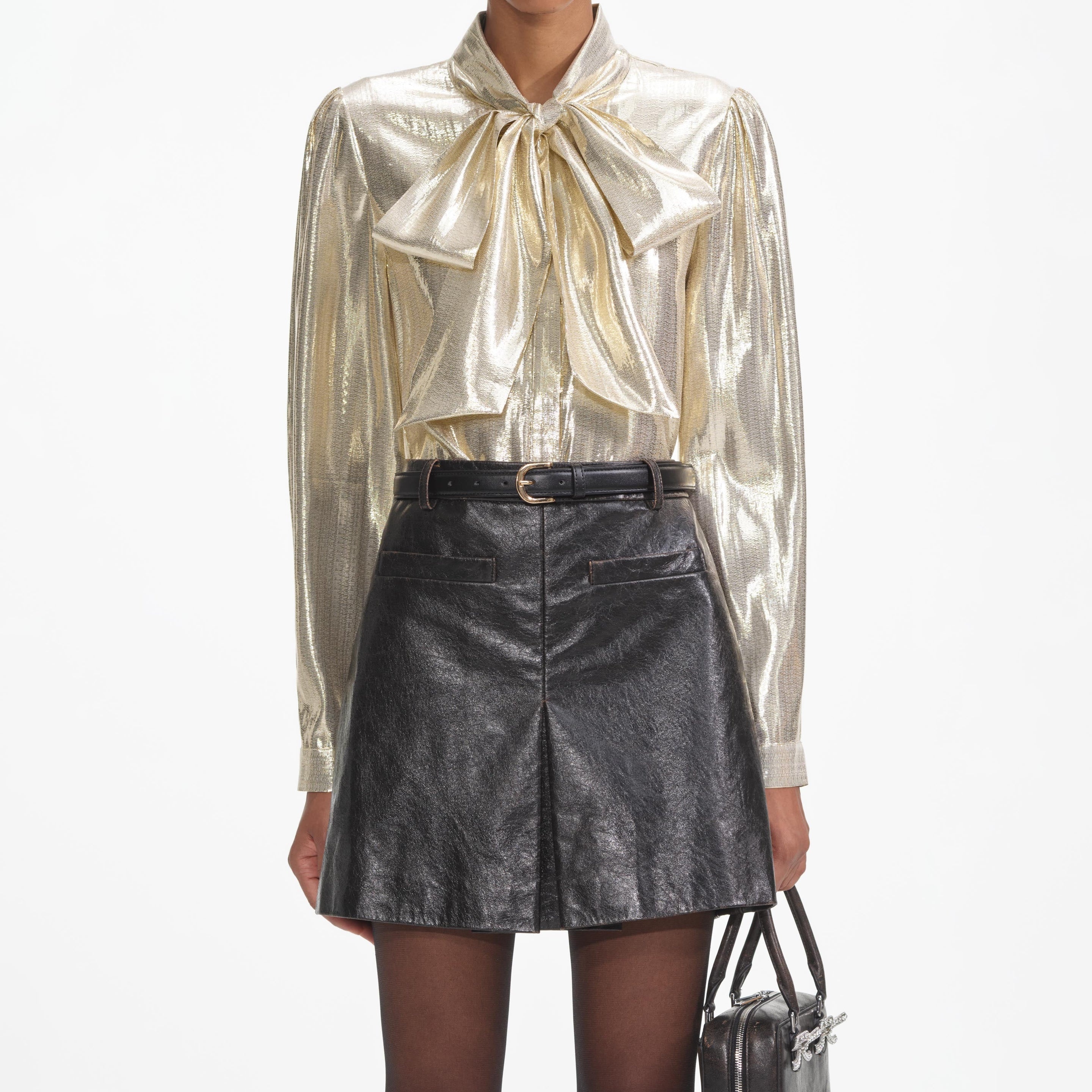 Gold Metallic Pussy Bow Blouse - 4
