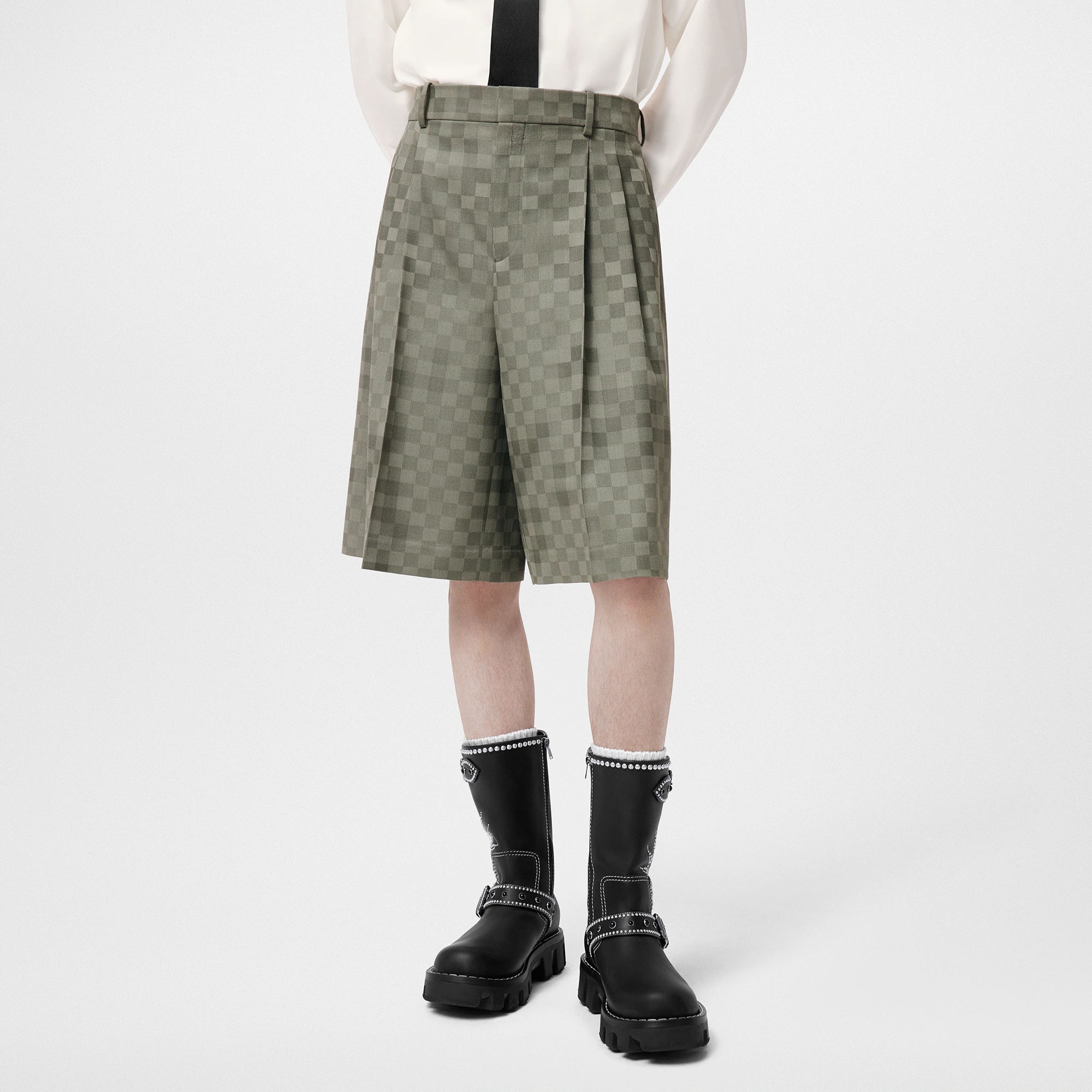 Tailored Wide Damier Wool Shorts - 2